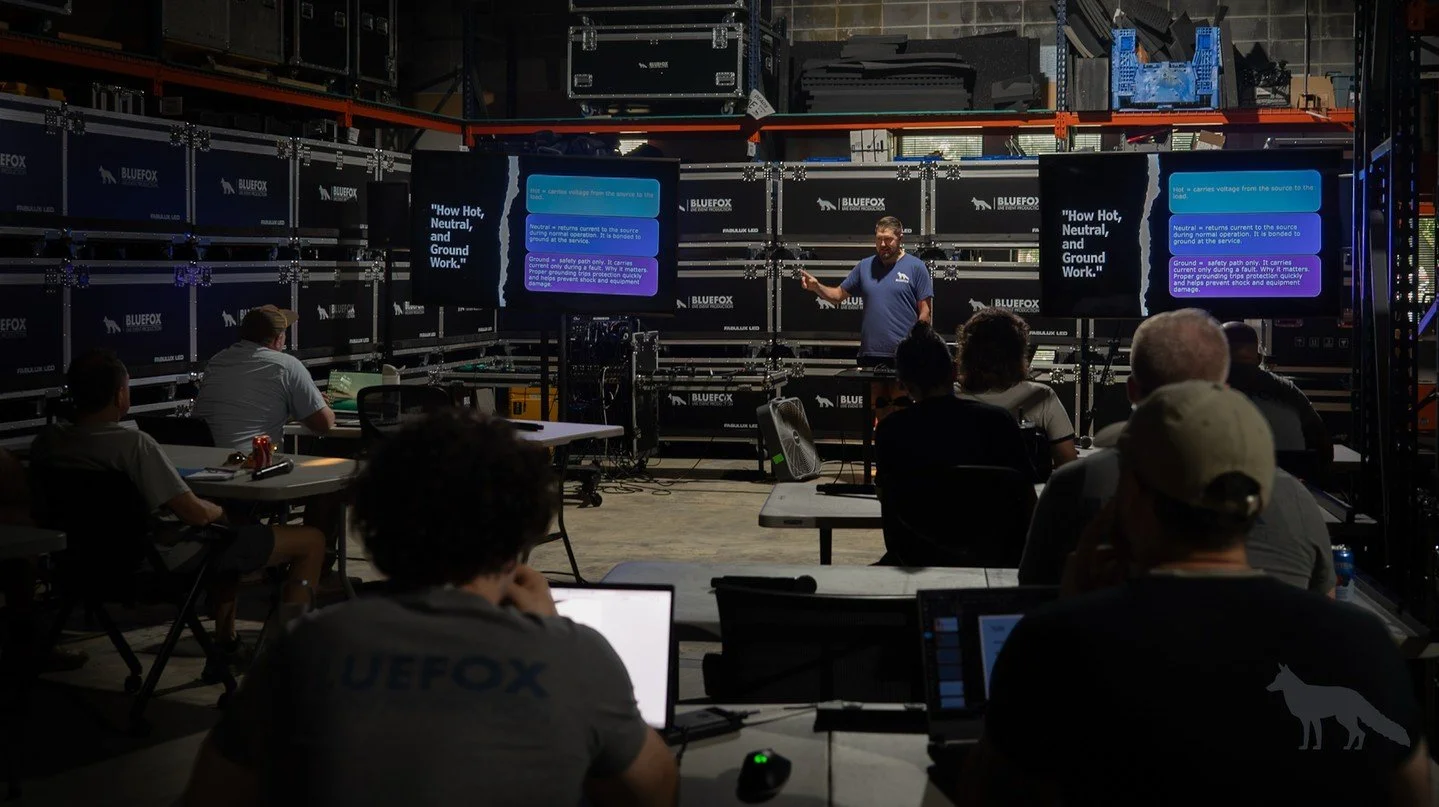 Kicking off a full week of AV continuing education at Bluefox Production.

Our crew and contractor network will be diving into Power, Networking, Rigging, Audio, Video, Lighting, LED, Breakouts, and Scenic! It's a packed week of learning led by exper