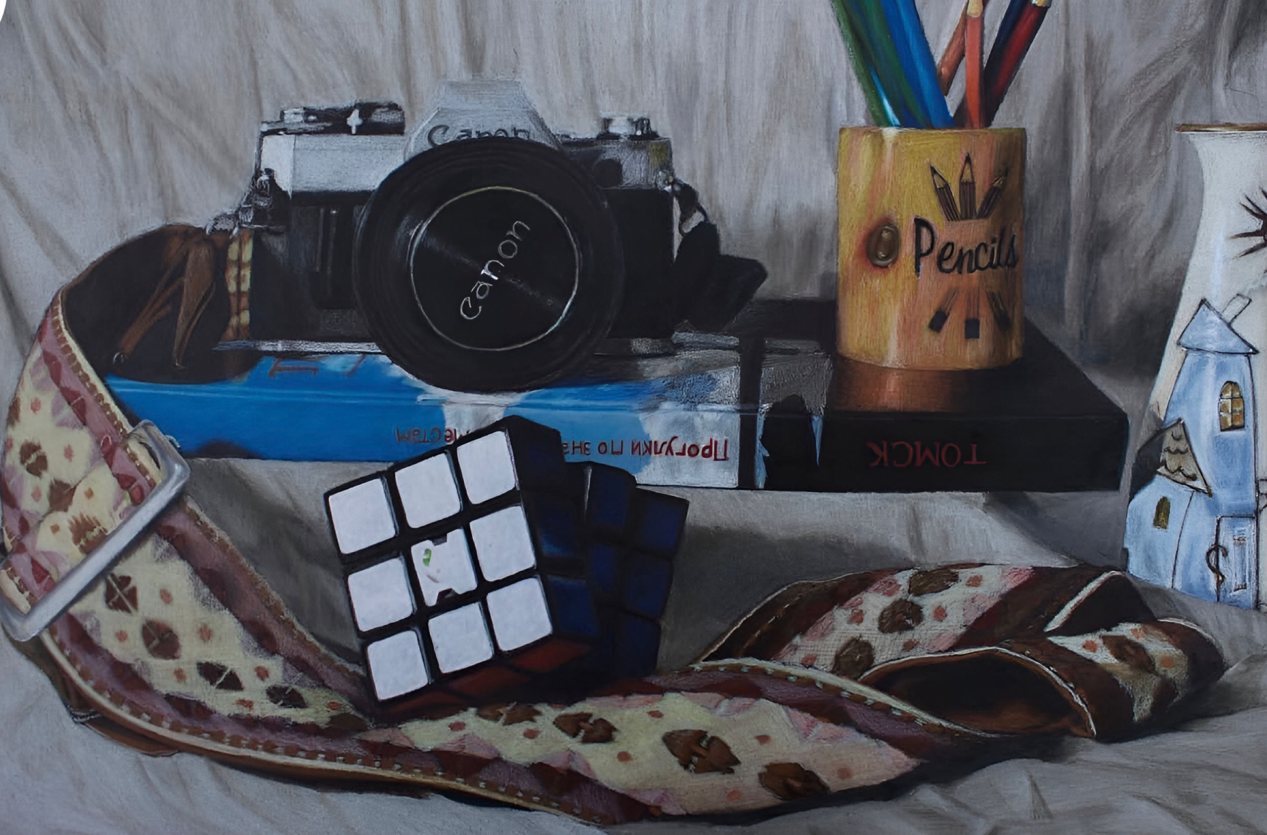 Self-portrait in objects | 16x18 in. Colored pencil on paper. 2019