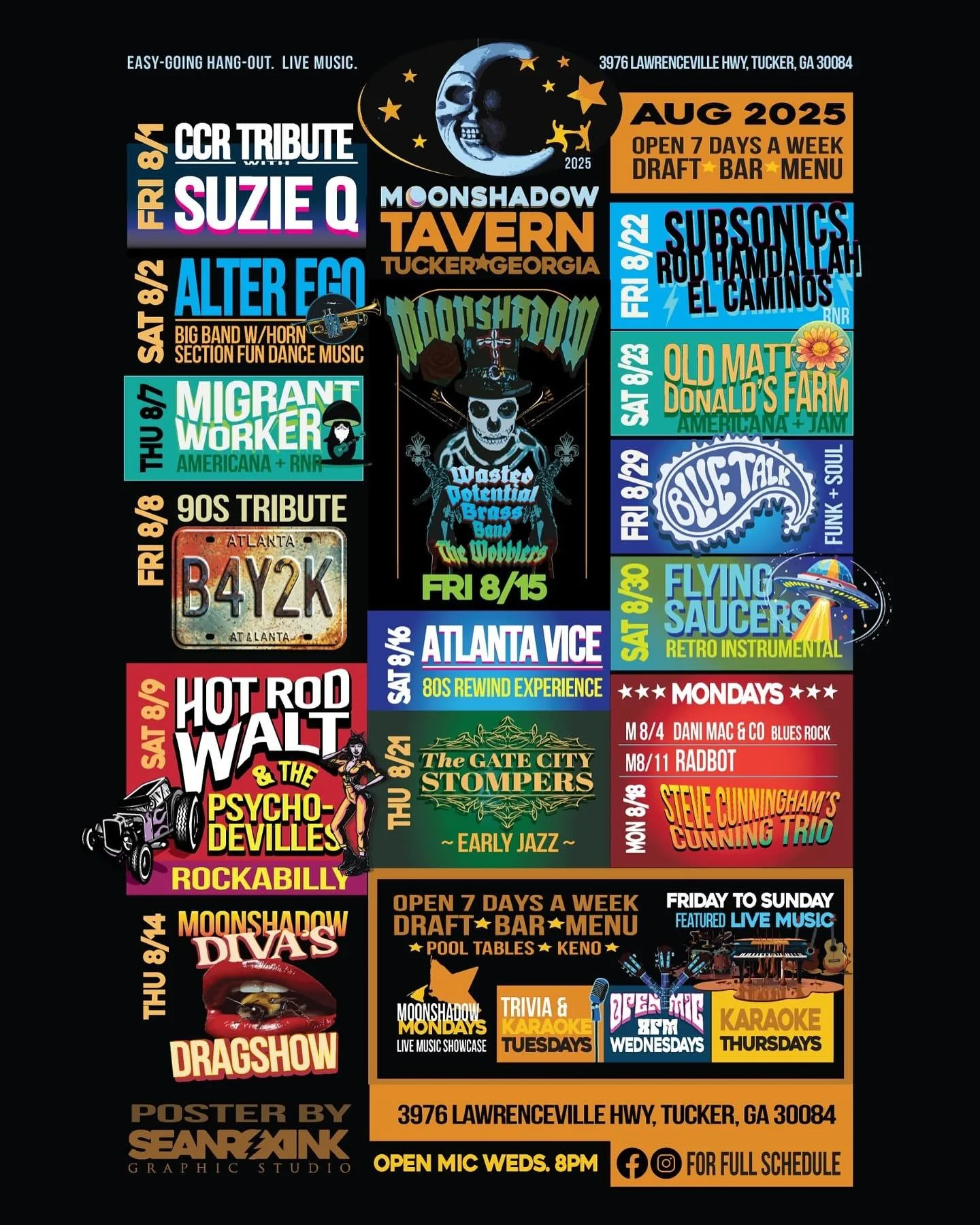 August calendar. So much good music. Come see us.