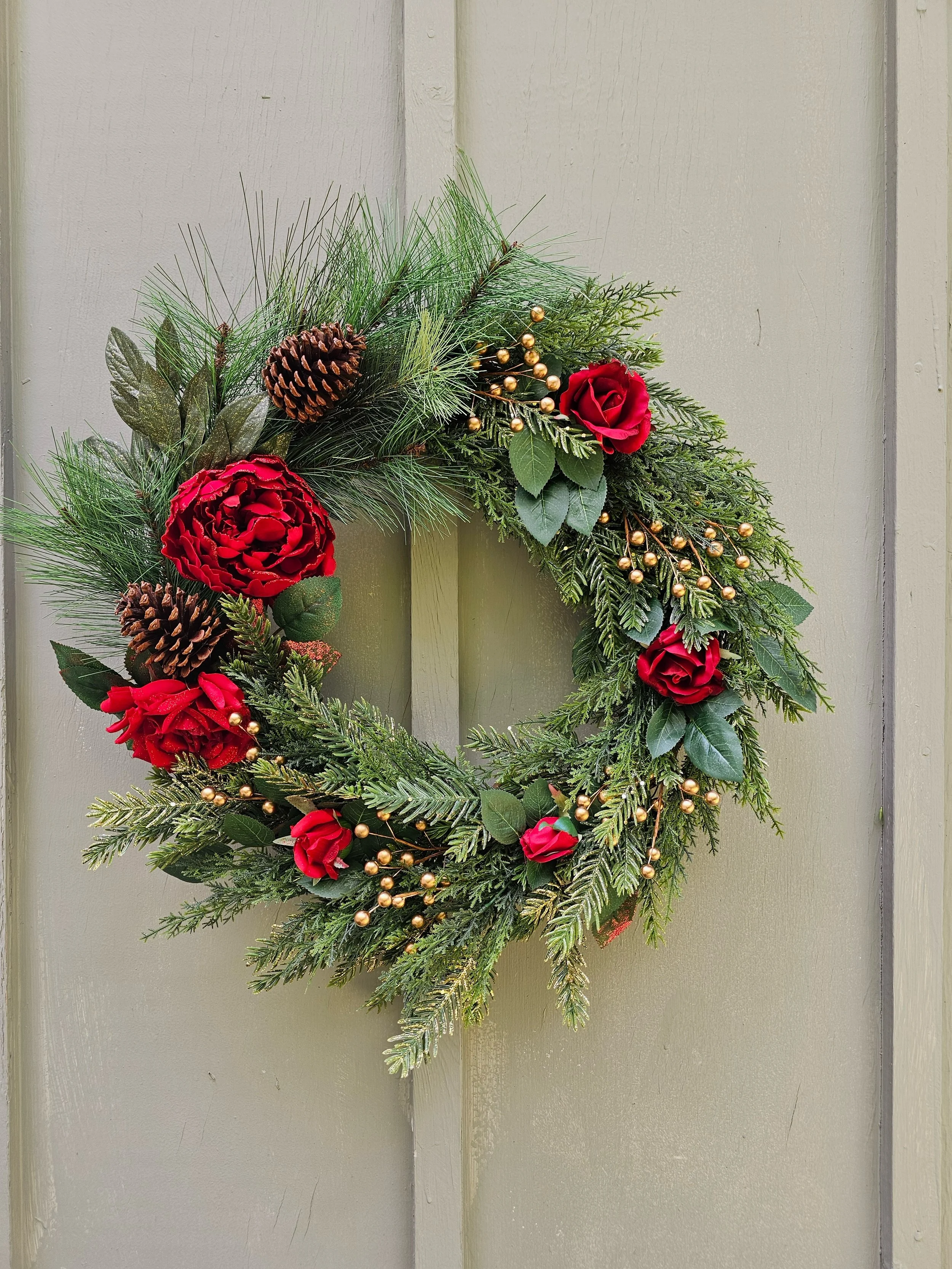 Liv&Mortimer glittered gold holiday wreath Christmas red rose gold berry evergreen pine