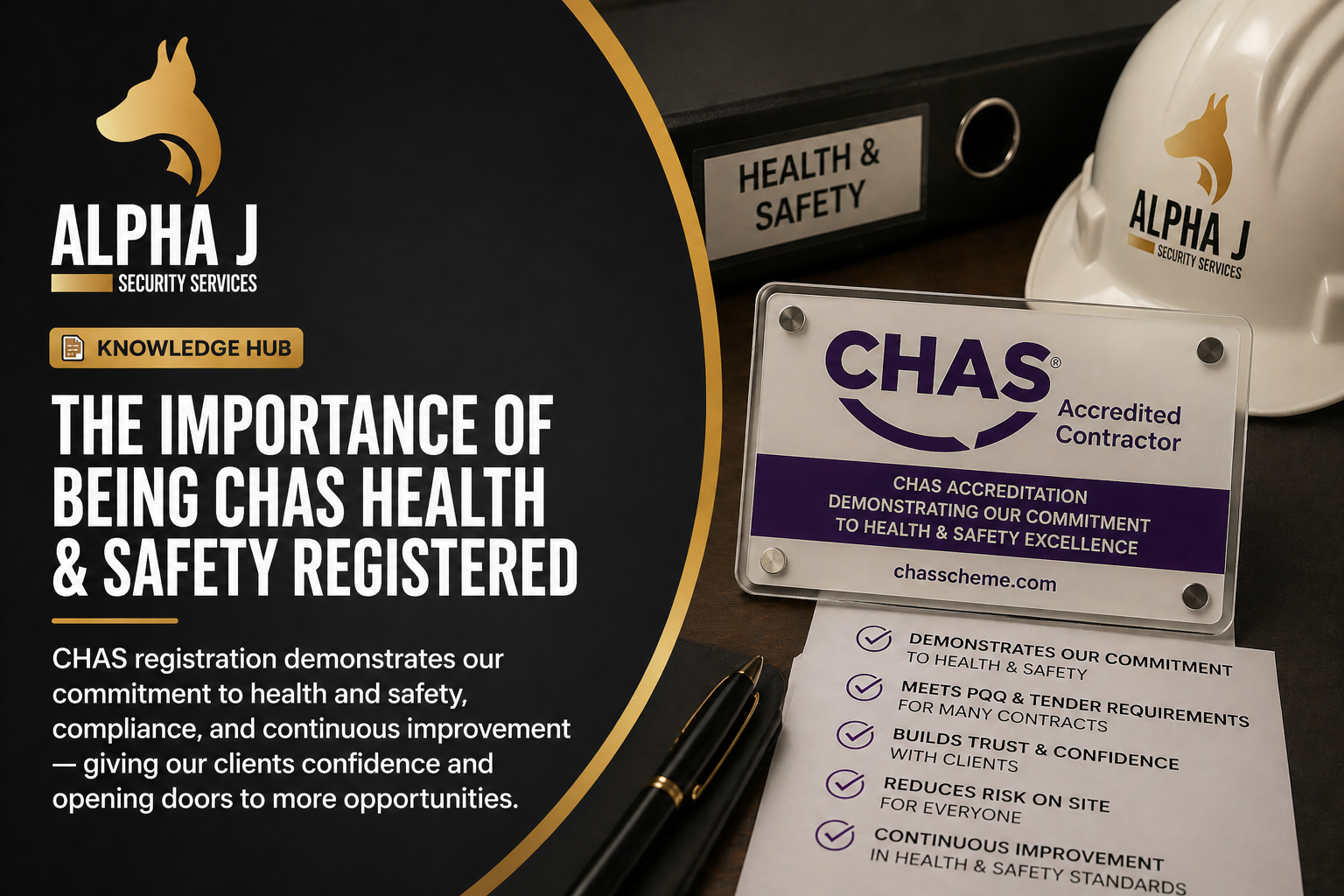 Poster and safety equipment at Alpha J Security Services showing the importance of CHAS health and safety registration, with a promotional sticker, hard hat, and a list of safety commitments.
