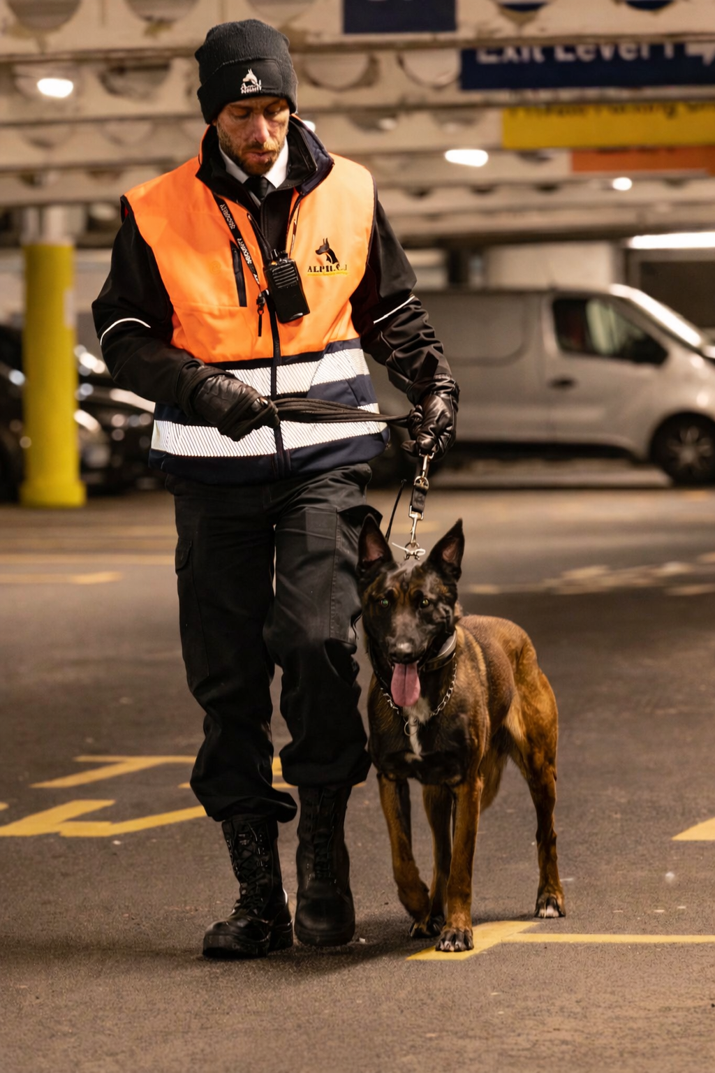 A man wearing a black beanie and an orange safety vest walks a Belgian Malinois dog on a leash in a parking garage at night. The man is holding the leash with both hands, and the dog has its tongue out.