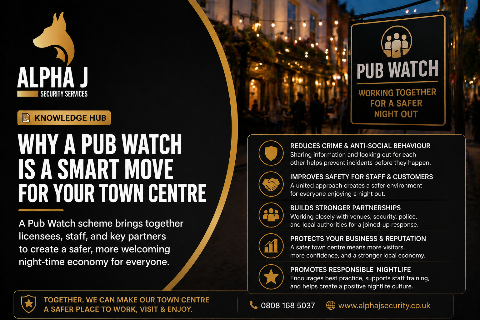 Poster promoting pub watch program by Alpha J Security Services, highlighting town safety benefits, with a background of a lively outdoor pub scene at night, and icons representing crime reduction, safety, partnerships, reputation, and responsible nightlife.