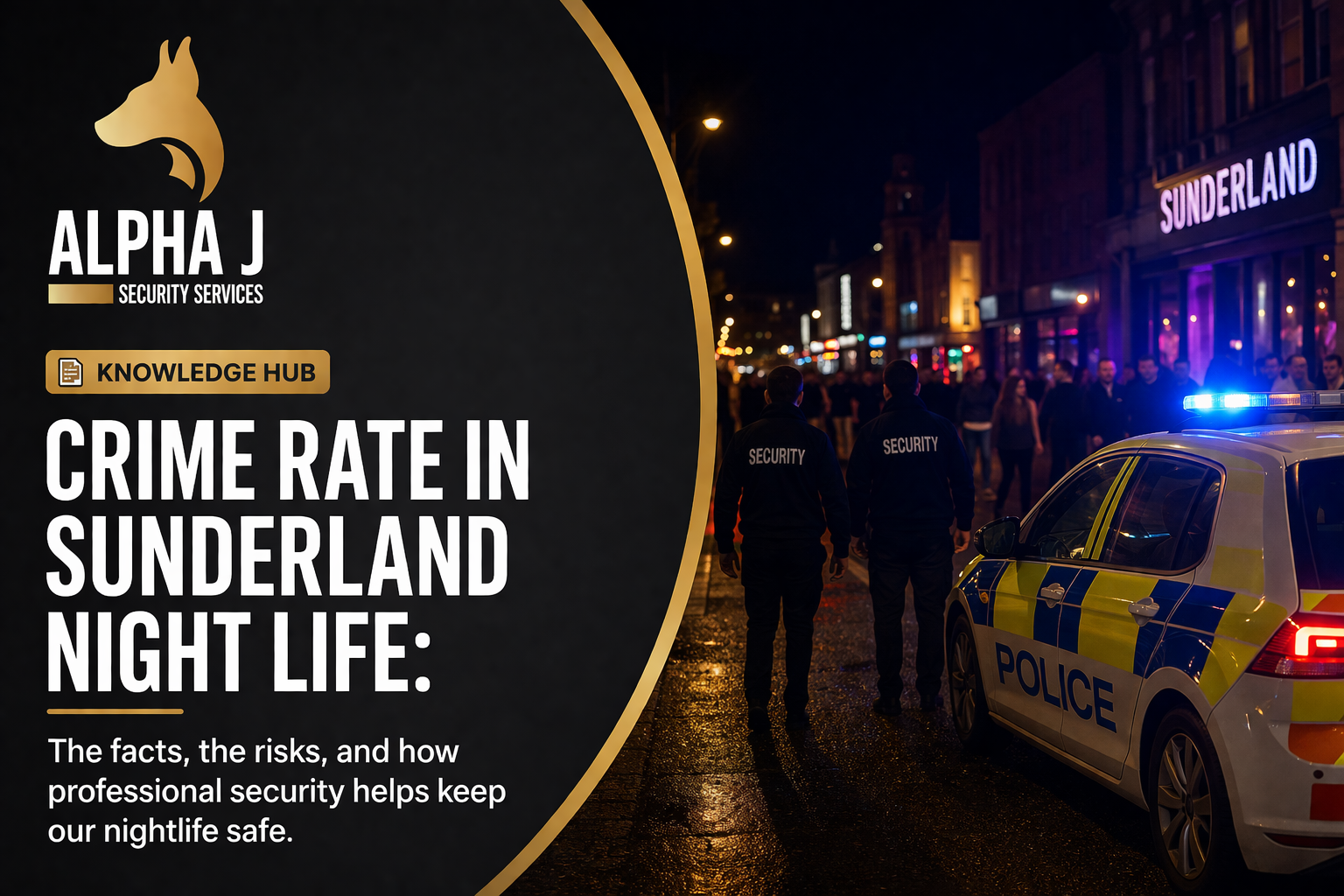 Night scene with police officers and a police car in Sunderland, illuminated by city lights, with a crowd on the street. Overlay text discusses crime rates in Sunderland at night.