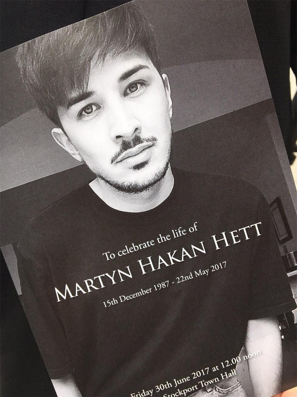 Black and white memorial poster for Martyn Hakan Hett, a young man with short hair, facial hair, and wearing a black T-shirt. The poster includes details of his birth date, death date, and memorial event.