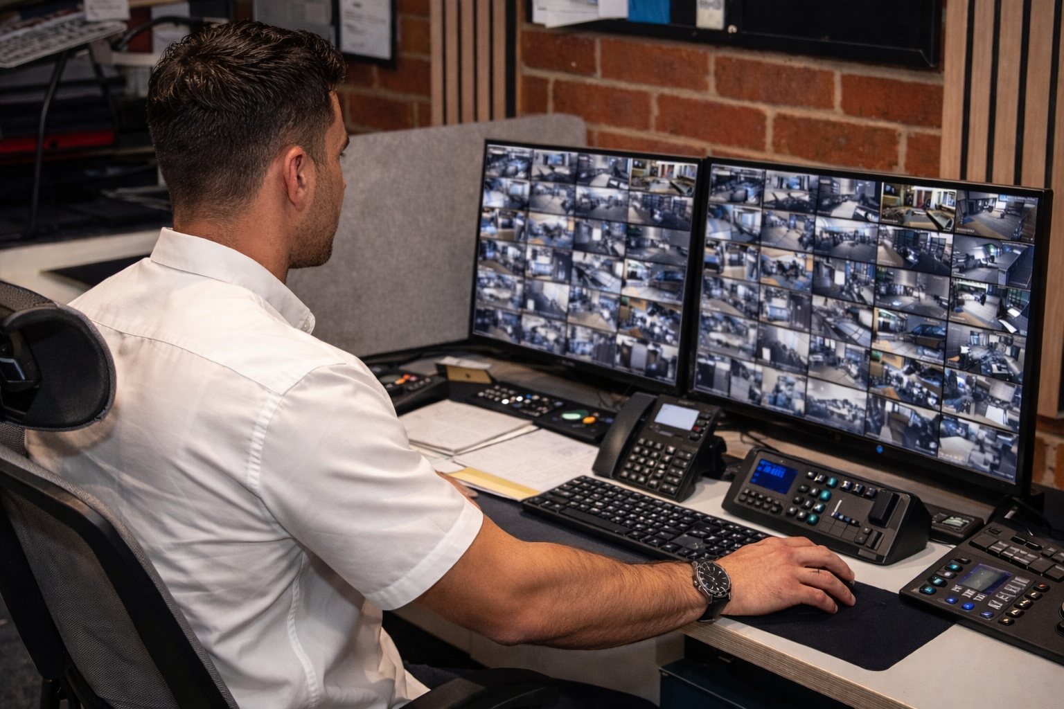 A man monitoring multiple security camera feeds on dual computer monitors in a control room.