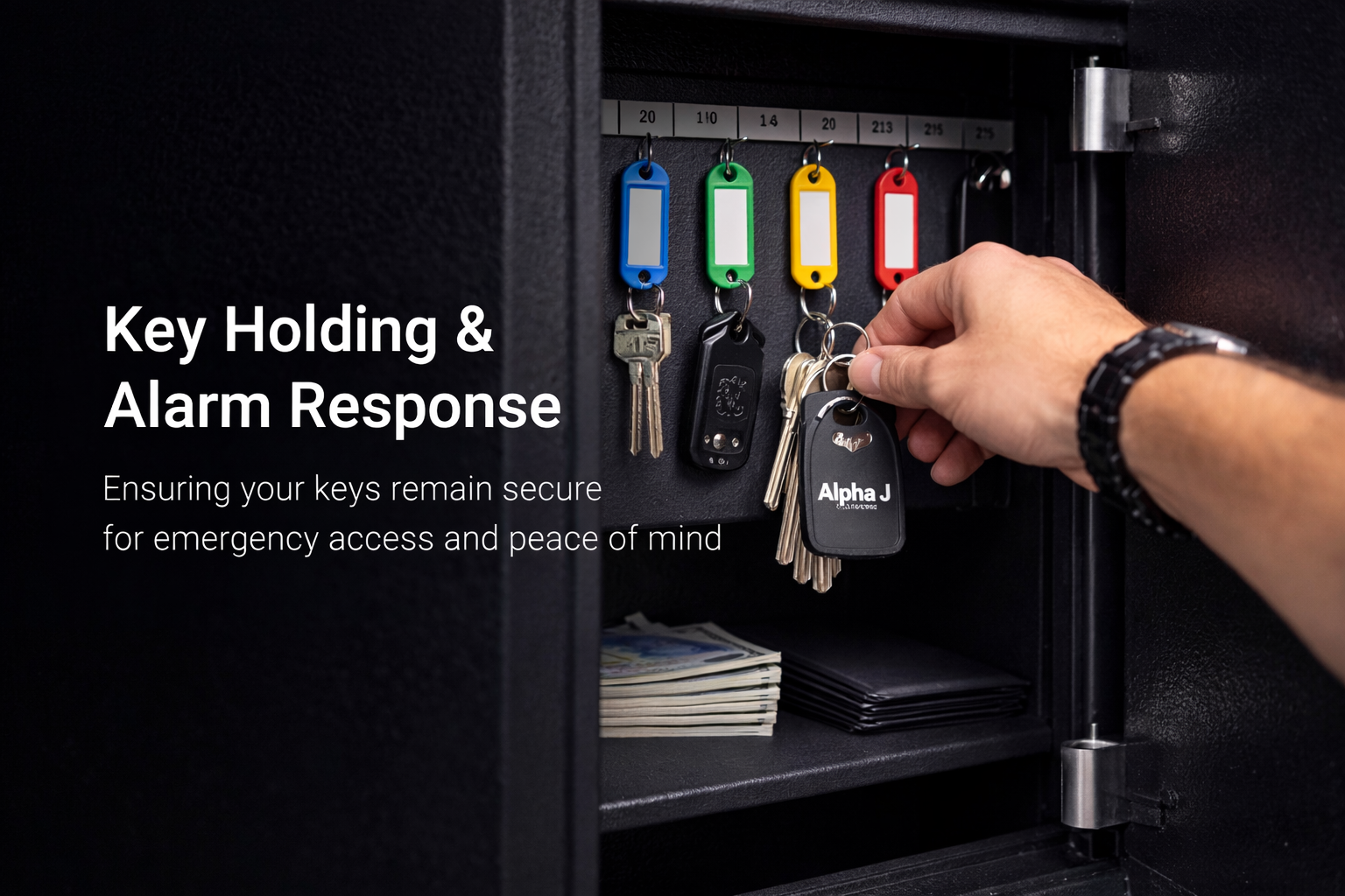 A person's hand placing keys into a key safe with colored key tags on hooks, with stacks of cash and black wallets inside.