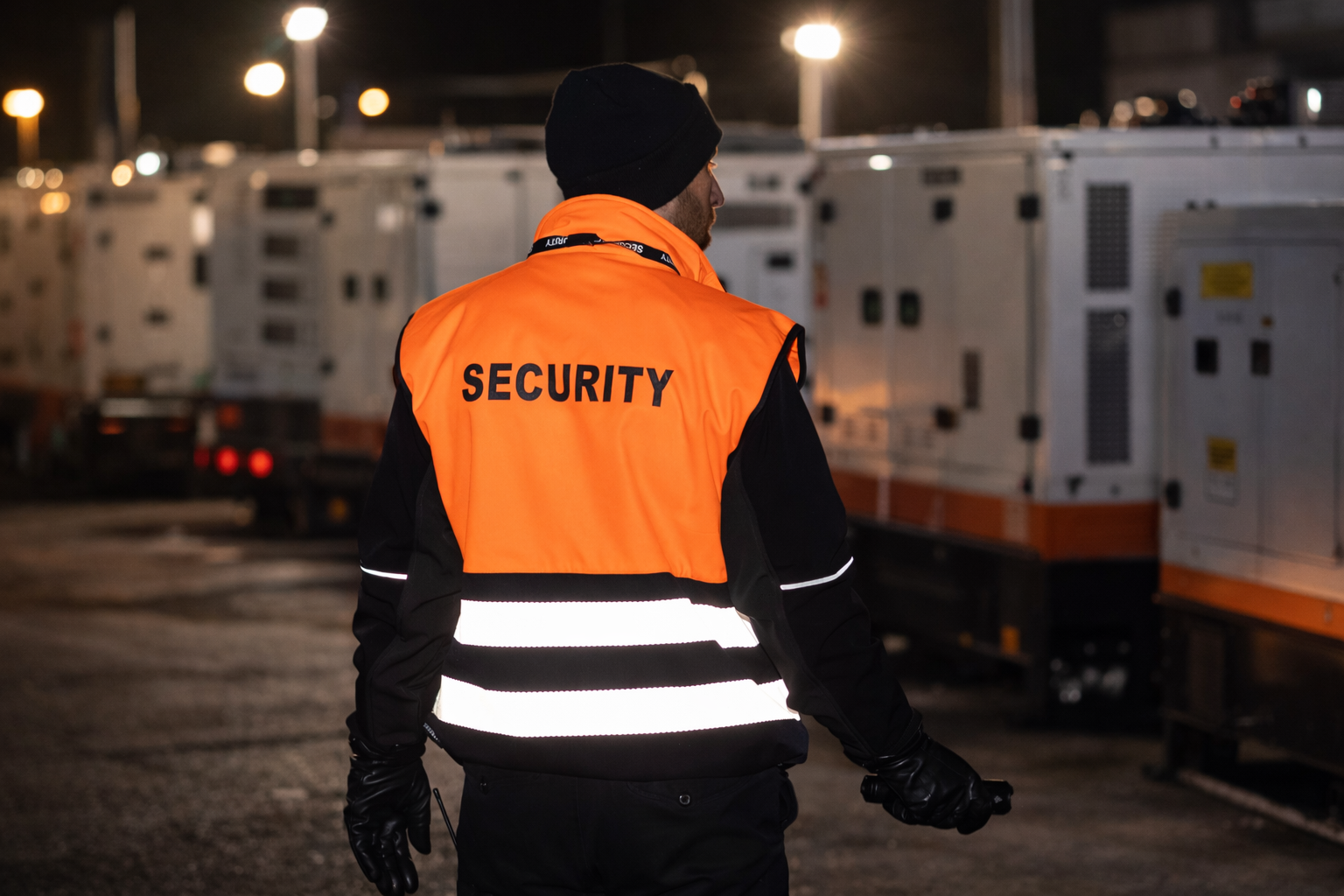 Security guard wearing an orange vest with 'SECURITY' written on the back, standing outdoors at night near utility containers or generators.