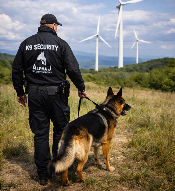 Security dog handler patrolling renewable energy site in Southampton