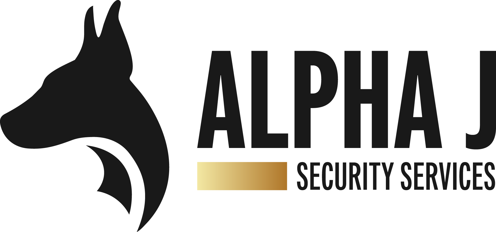Logo for Alpha Security Services featuring a black wolf silhouette and the company name in black text with a gold highlight.