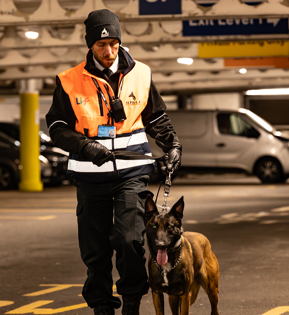 Security dog handler conducting patrols at commercial site in Newcastle