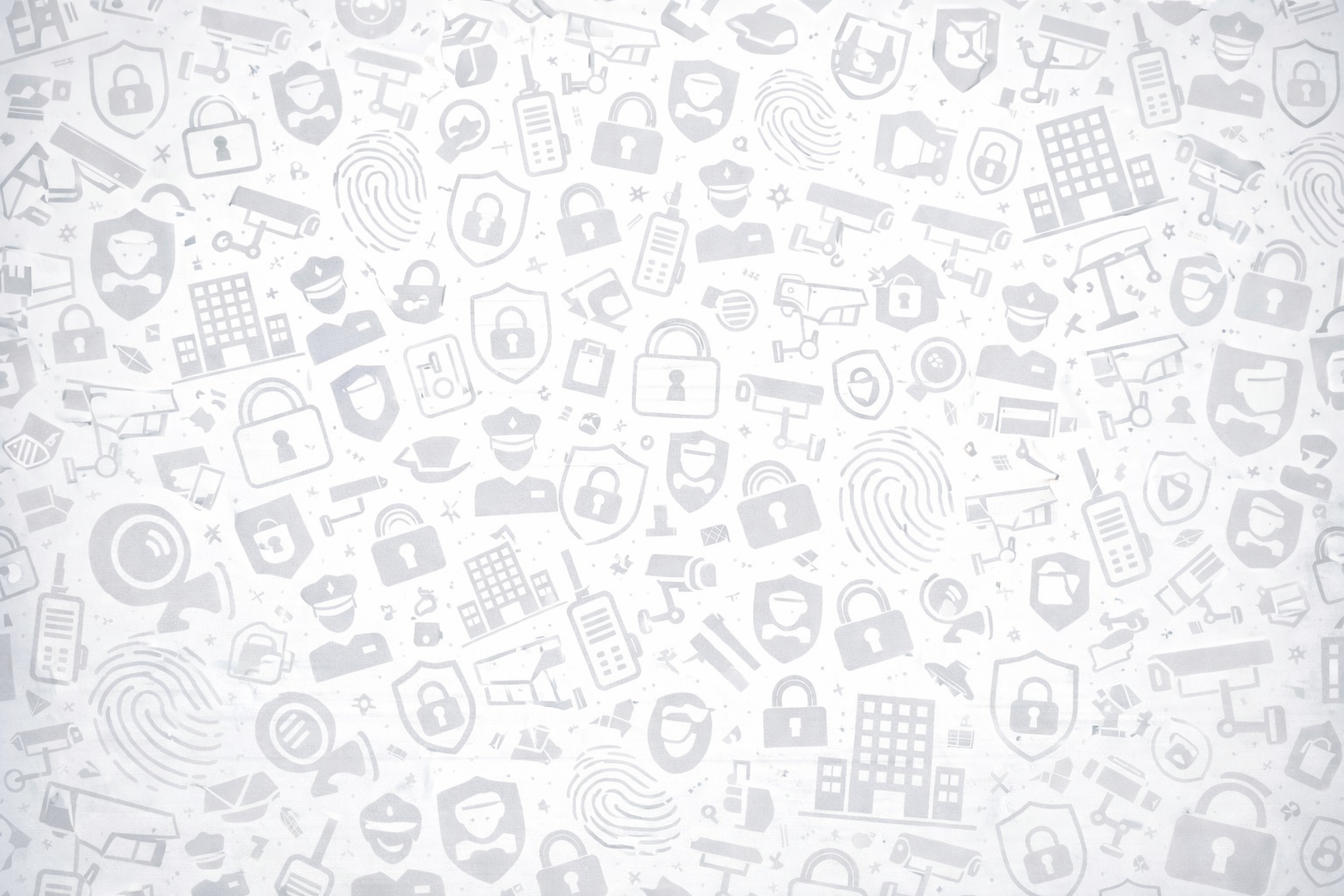 A digital pattern background with security-related icons such as locks, shields, security cameras, fingerprint scans, police officers, and buildings.