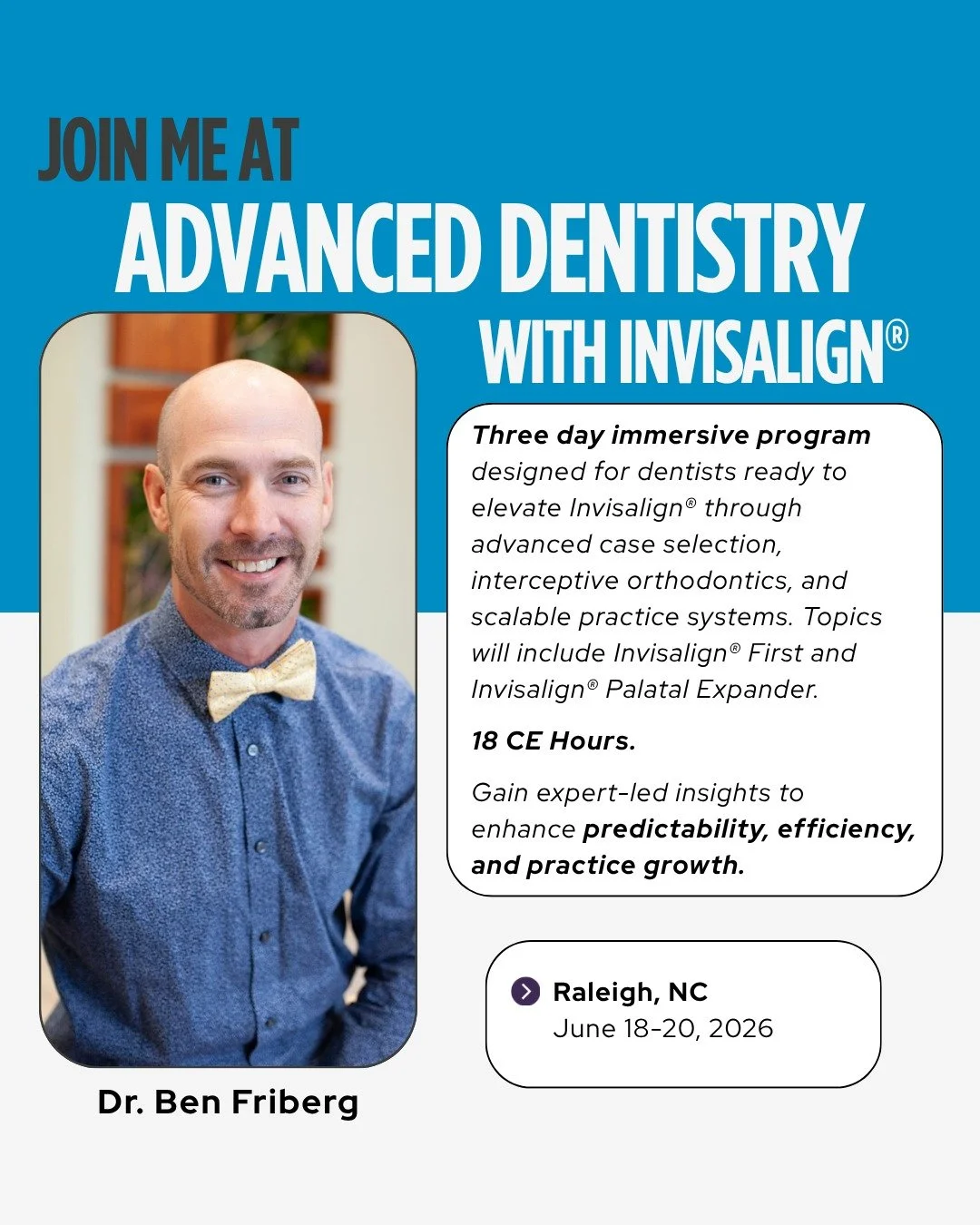Join us for a three-day, immersive learning experience designed to support doctors in growing their Invisalign practice. Participants will gain practical insights into clinical decision-making, case selection, risk management, and the development of 