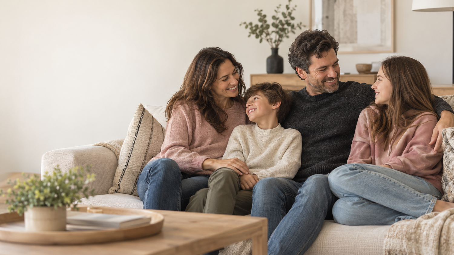 A family sharing a relaxed, happy moment together at home