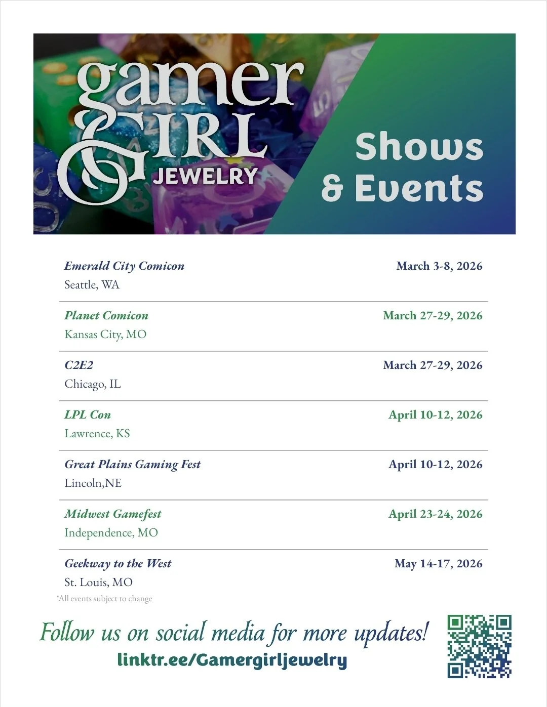 Flyer for Gamer Girl Jewelry shows upcoming shows and events from March to May 2026, with locations in Seattle, Kansas City, Chicago, Lincoln, MO, Independence, MO, and St. Louis, MO.