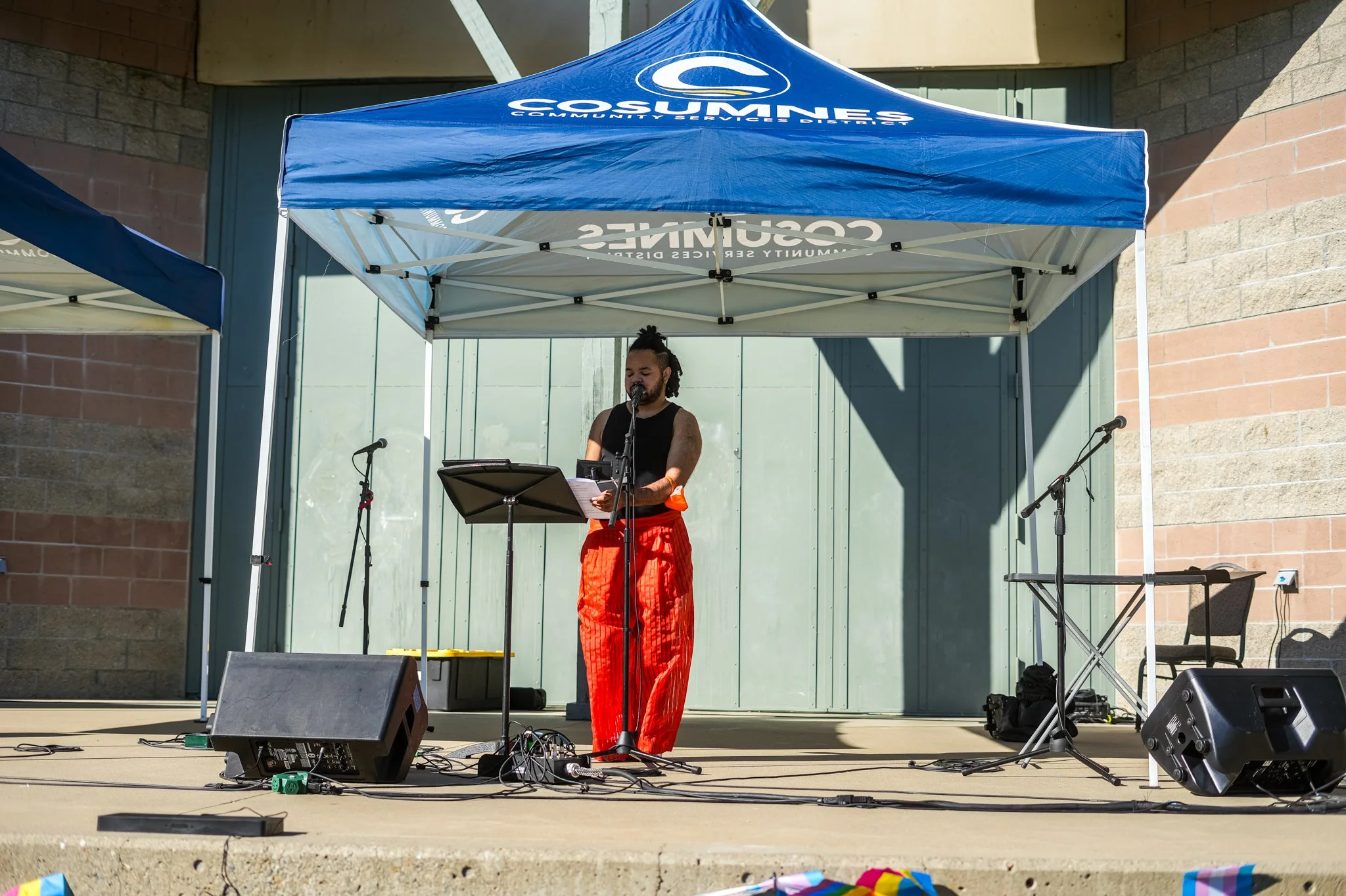 Solo performer using a professional microphone and stage monitor with live sound rental and PA system at an outdoor Sacramento community event.