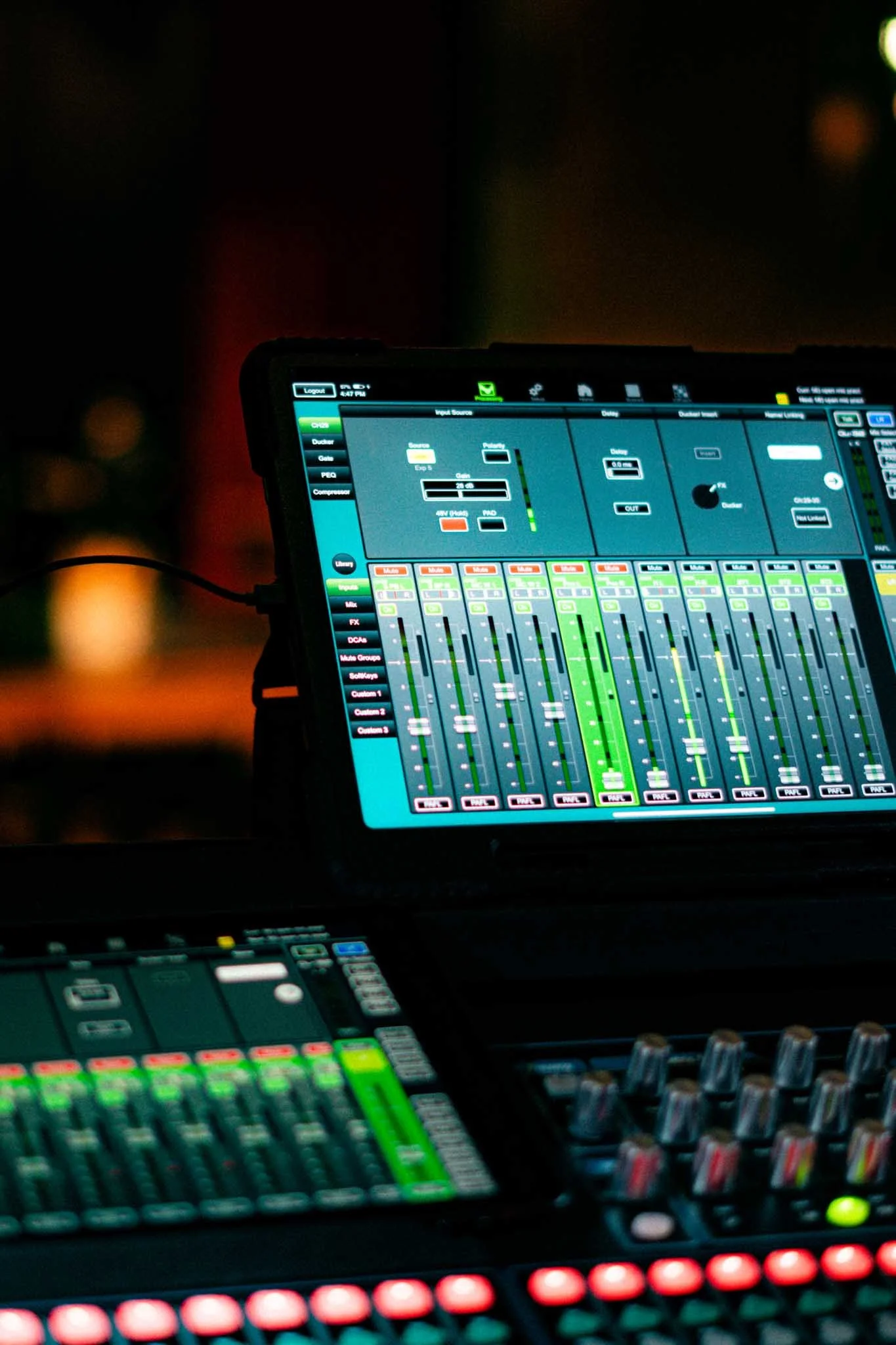 Digital audio mixing console for live sound production