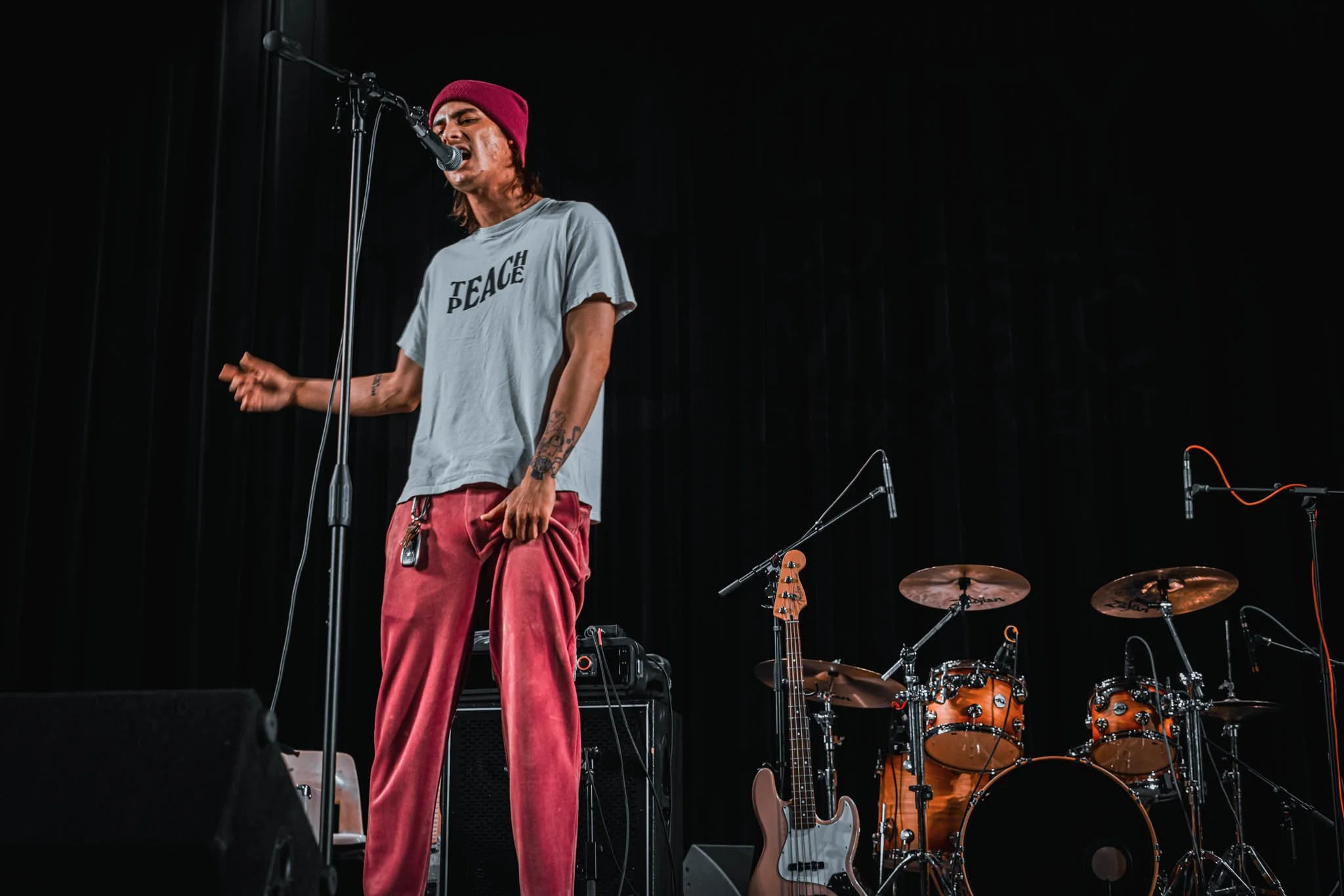 Live sound production supporting a concert performance with microphones and stage monitors