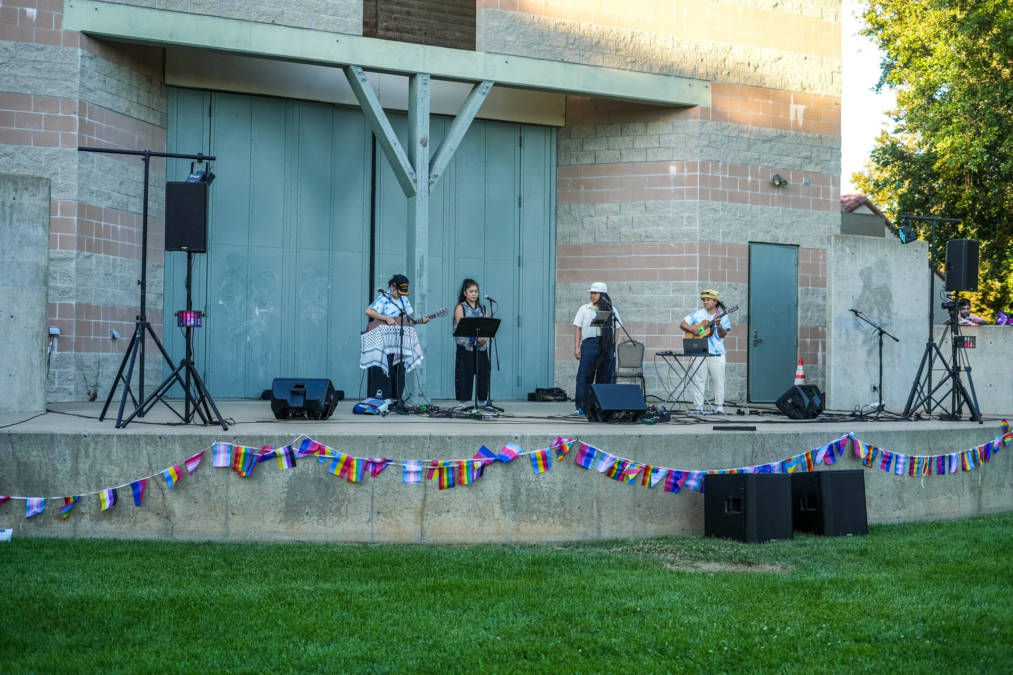 Live band performing with professional PA speakers, stage monitors, microphones, and live sound rental services at an outdoor Sacramento community festival.