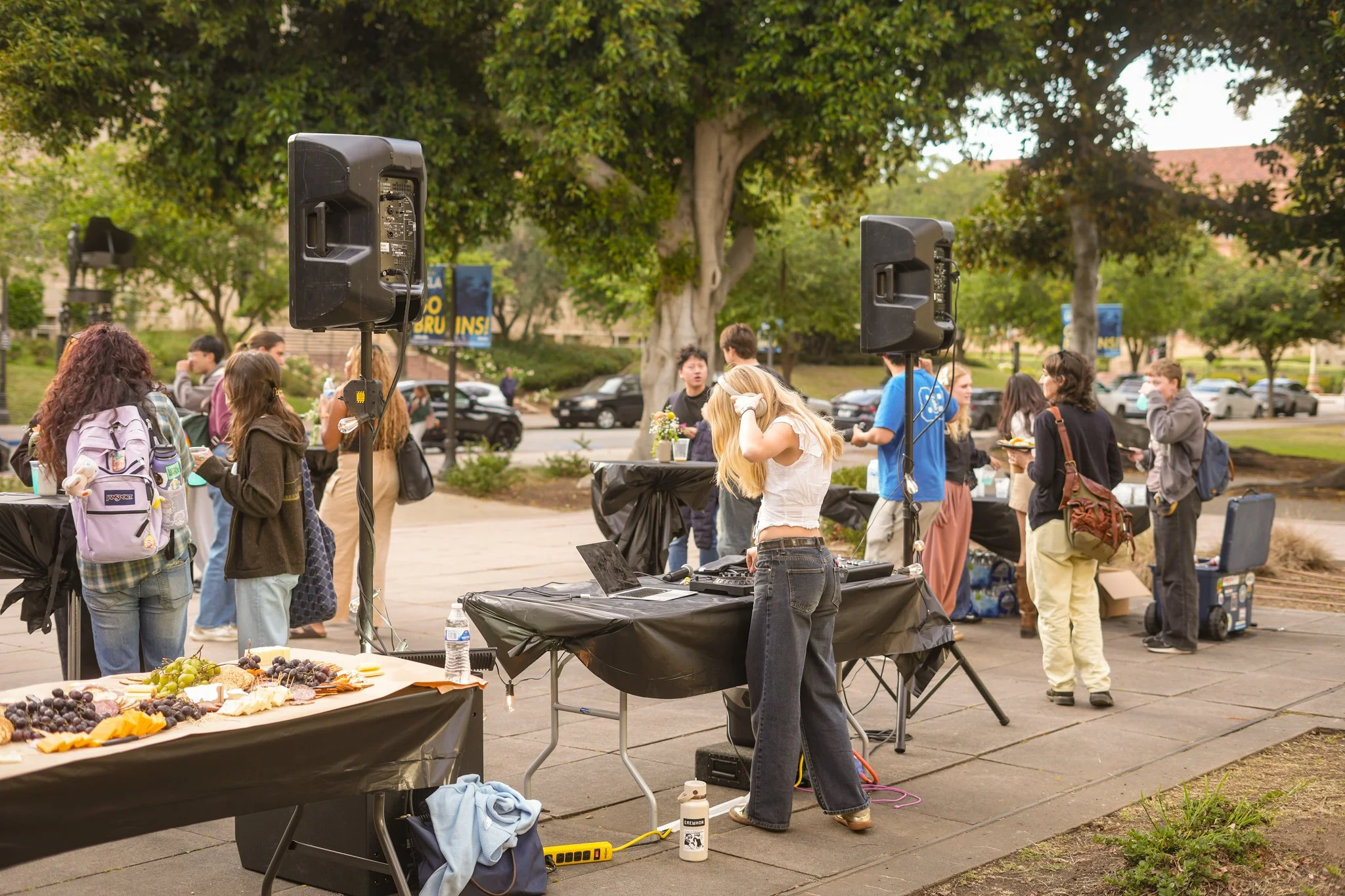 Professional PA speaker system providing live sound rental and background music for an outdoor corporate networking event in Sacramento.