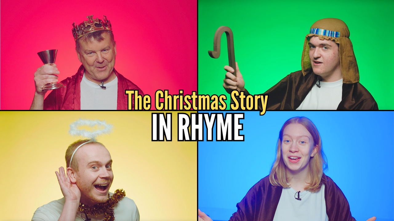 A collage of four people dressed in costumes against colored backgrounds. Top left depicts a man wearing a crown and holding a goblet, top right shows a man dressed as a shepherd with a staff, bottom left features a man with an angel halo and tinsel, bottom right presents a woman speaking.