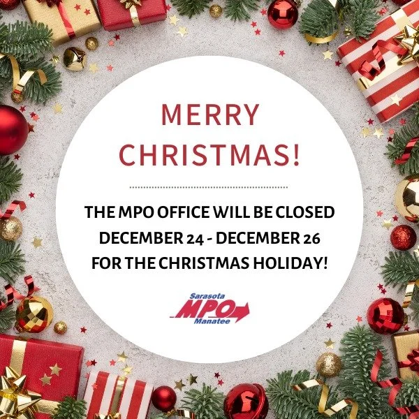 Merry Christmas! The MPO office will be closed December 24, 2025 - December 26, 2025 in observance of the holiday.⁠
⁠
Happy Holidays! 🎄🎁⁠
⁠
#OfficeClosureNotice #MerryChristmas #SafeTravels #HolidaySeason #SaraManaMPO