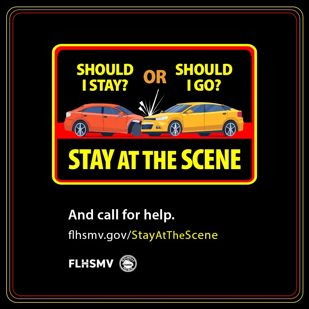 February is Hit and Run Awareness Month! 🚗

If you are involved in a crash, stay at the scene and call for help. It&rsquo;s not just the law &ndash; you could save a life.

Learn more: http://flhsmv.gov/stayatthescene

#StayAtTheScene #HitAndRunAwar