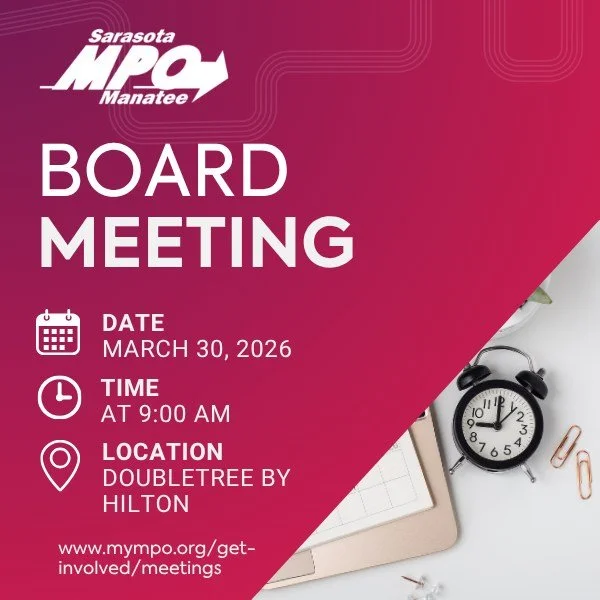 Join us for the upcoming MPO Board Meeting on Monday, March 30 at 9:00am! 📅

Located at the DoubleTree by Hilton (8009 15th Street E, Sarasota, FL 34243).

View and download the agenda packet from our meetings calendar: https://www.mympo.org/get-inv