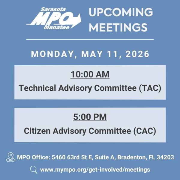 The next TAC &amp; CAC Meetings will take place on Monday, May 11, 2026, at the MPO Office!

📍 5460 63rd St E, Suite A, Bradenton, FL 34203

Check out the agendas and meeting materials here: https://www.mympo.org/get-involved/meetings (Link in bio)

