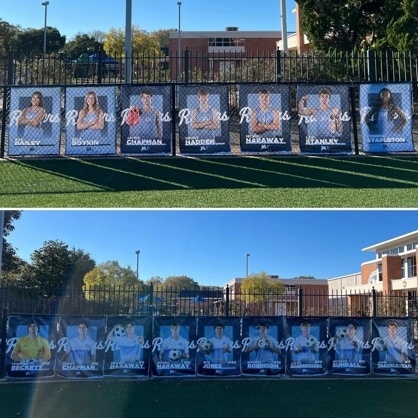 More senior banners on campus! Thank you @ja_athleticboosterclub for supporting our seniors! #JASeniors2025 @jaraiderxctf @jaraidersoccer