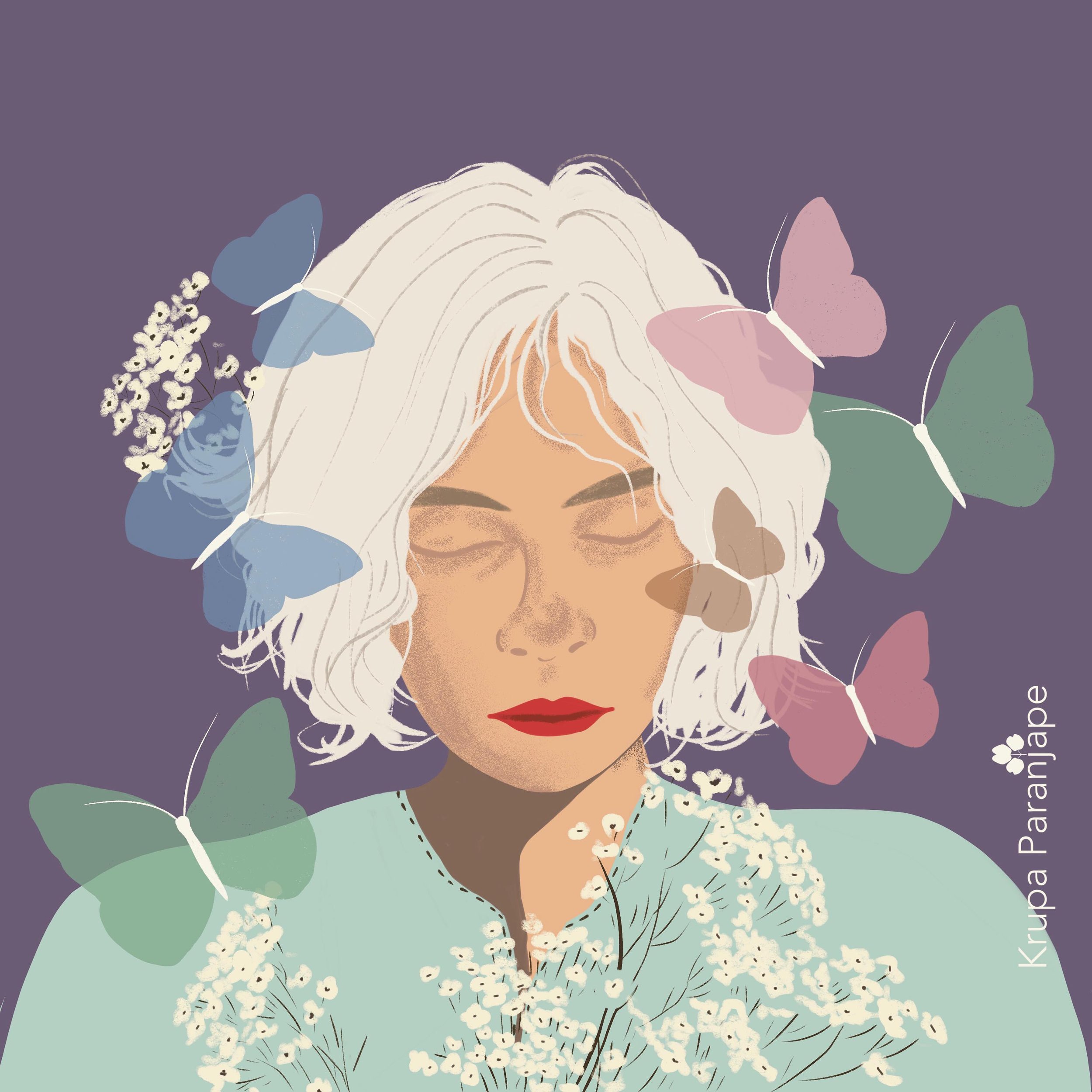 Day 3 #portraitparty portrait drawing challenge by @charlyclements 
Prompt: Dream, White Hair and Red lipstick 

#drawinyourstyle #portraits #dream #butterflies #femaleportrait