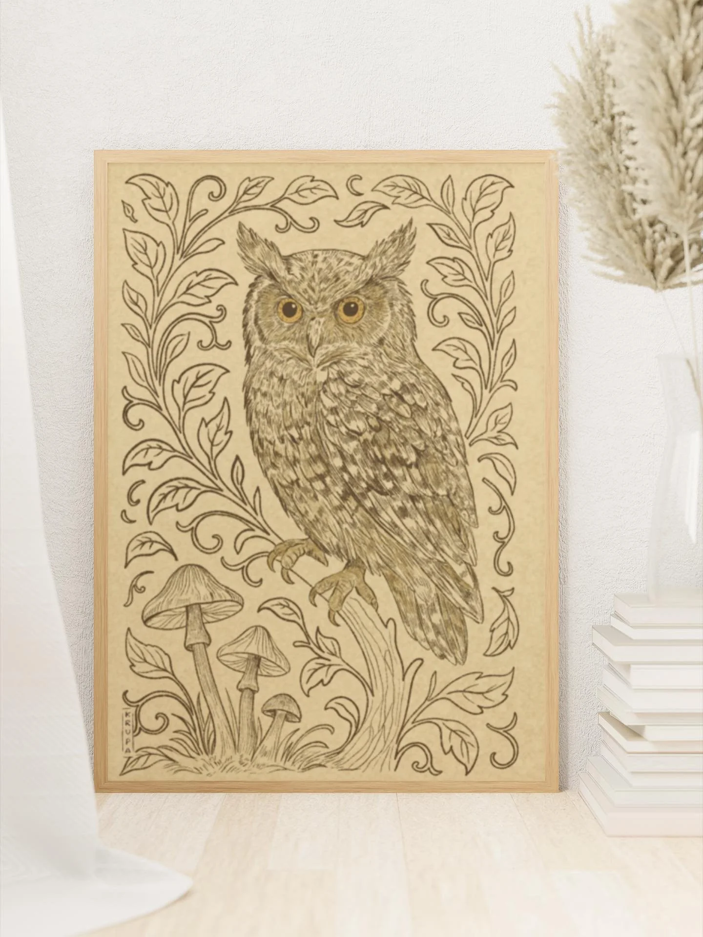Bring the quiet strength and mystique of the Great Horned Owl into your space with this original illustration. Inspired by sightings in our neighborhood, this piece captures the Owl&rsquo;s striking gaze and iconic feathered tufts in fine detail. 
Ne