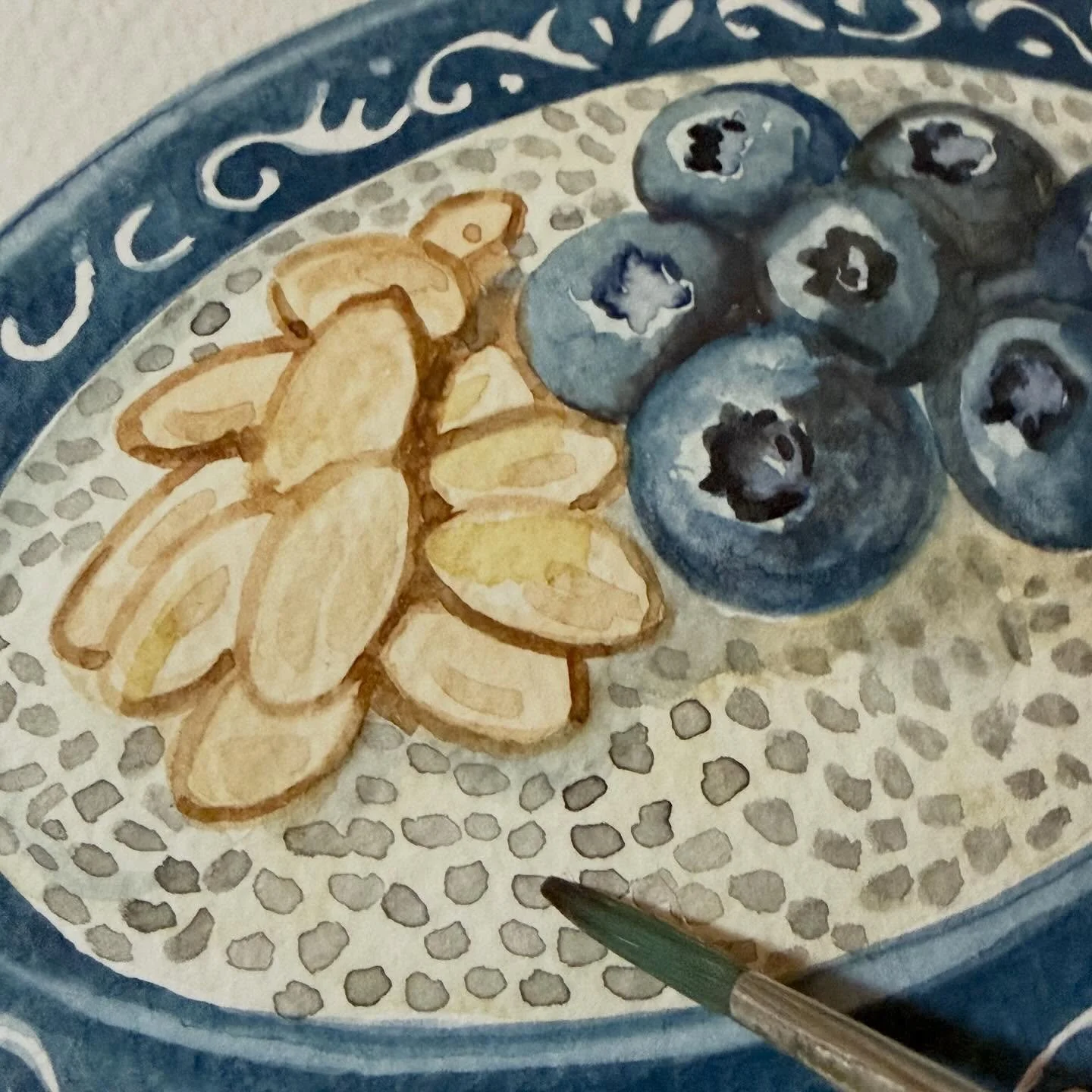 Last week, I indulged in the most delicious Chia seed pudding made by a fellow artist, and I can&rsquo;t stop thinking about it! 😍 So, I decided to paint my own version topped with almond and blueberries. Who else is obsessed with this creamy goodne