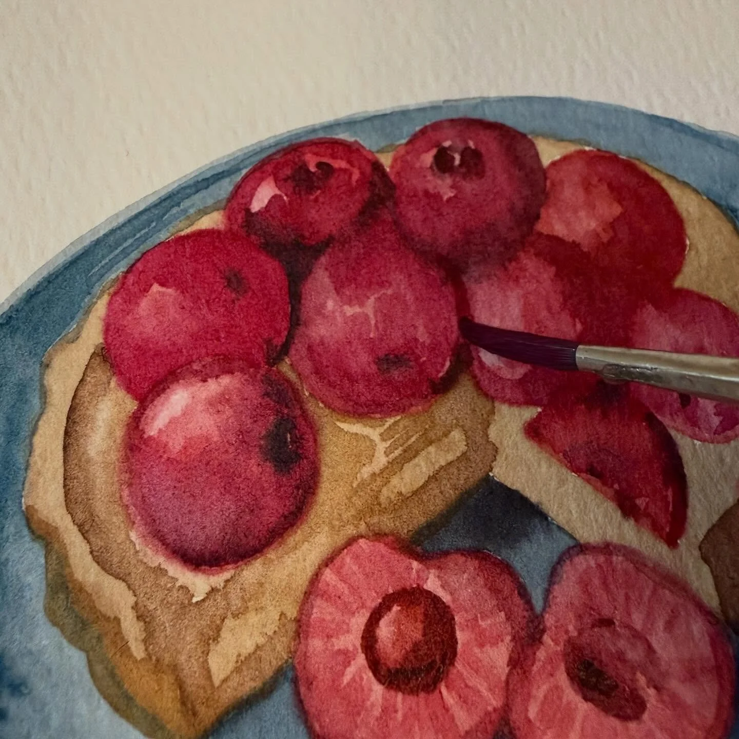 Cherry Tart any one ☝️ 
New obsession.. paint what you eat 🤔 
Was dreaming of Cherry tarts and could not wait till next  season so decided to paint one 😋

#cherrytart #foodillustrations #bayareaartist #paintedwithlove❤️ #watercolor #availableforlic