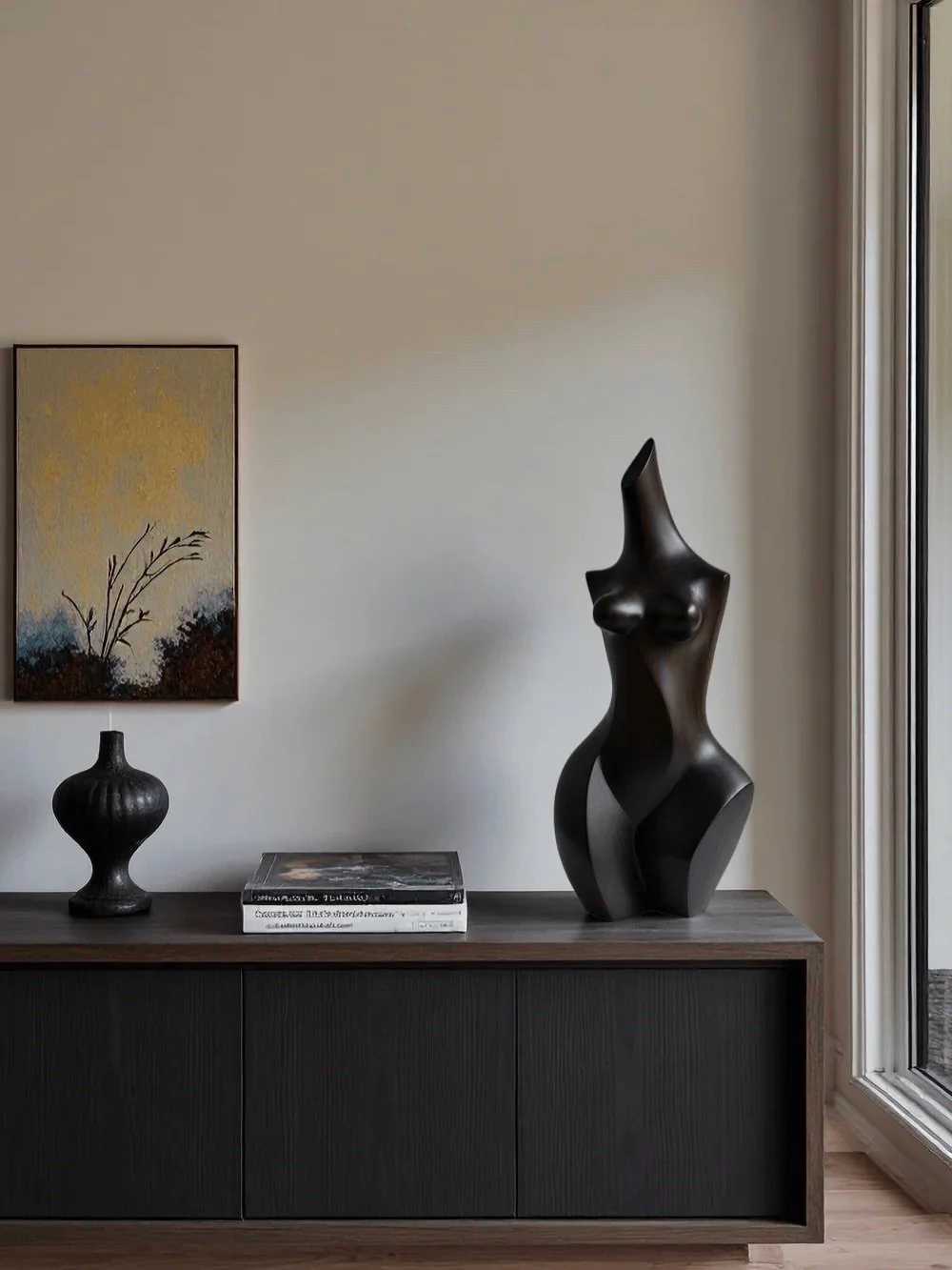 Contemporary Black statuary celebrating the strength, resilience and beauty of women. Our Nardal Wood Sculpture No. 2 is a must-have for your art collection. Handcrafted by expert artisans, this piece, standing at almost two feet tall, will speak vol