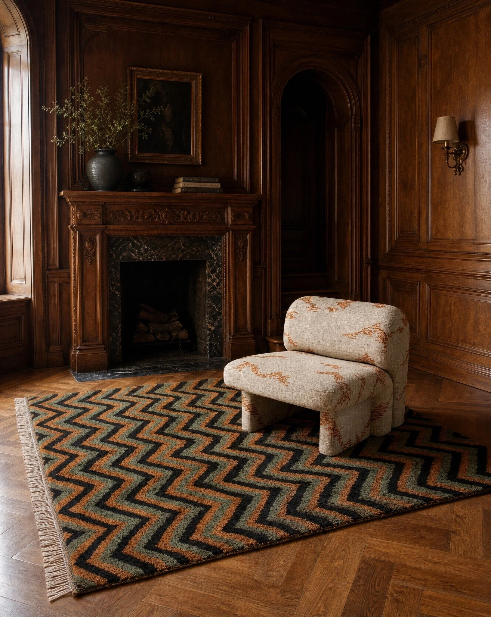 mountain peak rug with josephine rust jacquard lounge chair.jpg