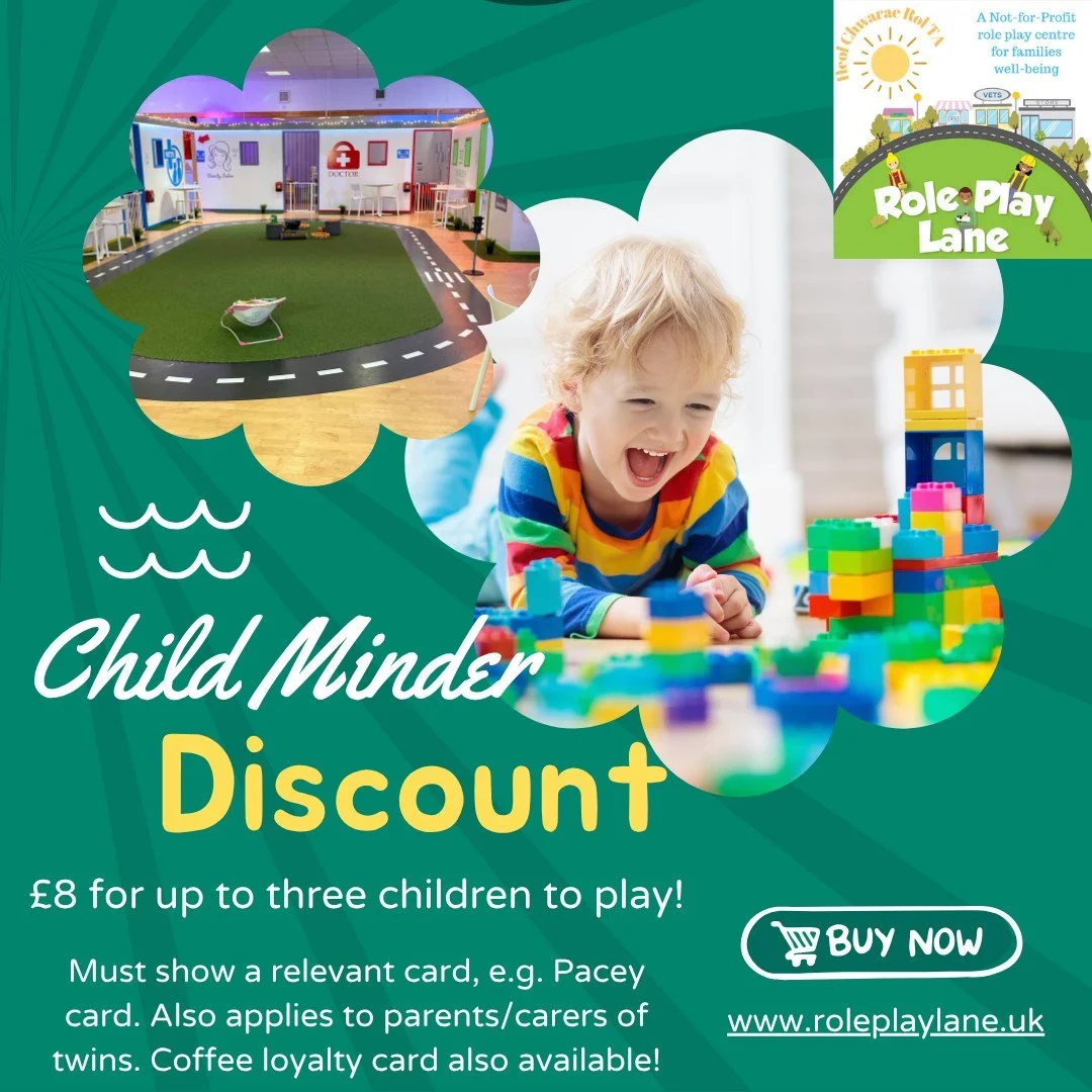 👩&zwj;👧&zwj;👦Child Minder Discount!

🌟&pound;8 for up to three children to play!
 
🌟Must show a relevant card, e.g. Pacey card. 

🌟Also applies to parents/carers of twins. 

☕Coffee loyalty card also available!

💻Book via: www.roleplaylane.uk 