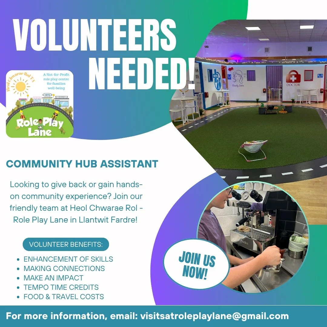 🌟 VOLUNTEERS NEEDED! 🌟

Are you looking to give back, meet new people, or gain valuable hands-on community experience? 

💚 Join our friendly team at Heol Chwarae Rol - Role Play Lane in Llantwit Fardre as a Community Hub Assistant!

🙌 Volunteer b