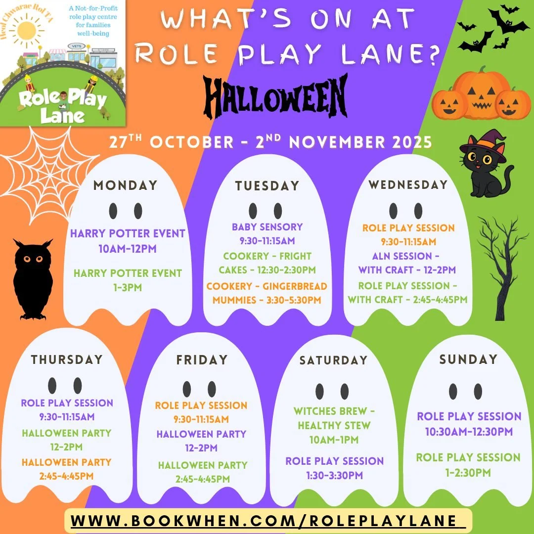 🎃🕸👻Half Term - Halloween🕷🦇🐈&zwj;⬛

From Harry Potter⚡ to Witches Brew🍲, Craft✂ to Cookery🧁, Baby Sensory💦 to Disco Parties🔮 - It's all happening here at Role Play Lane this half term.

Check out our schedule and book early so you don't miss