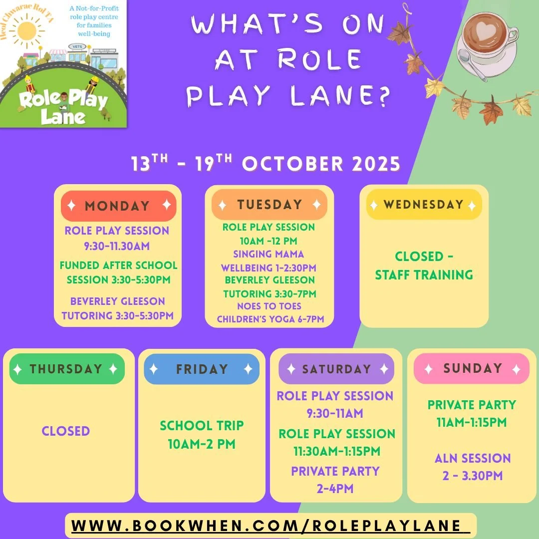 What&rsquo;s on at Role Play Lane?

Join us this week for our Funded &amp; Role Play Sessions!

📆Monday 13th October: 
👩&zwj;⚕️Role Play Session 9:30-11:30pm 
🎃After school session (Funded) 3:30-5:30pm
👩&zwj;🏫Beverly Gleeson Tutoring 3:30-5:30pm