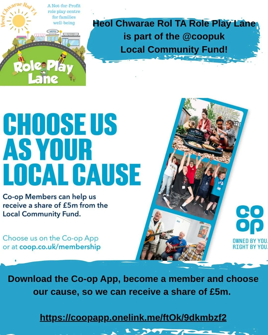 🎉Heol Chwarae Rol TA Role Play Lane is part of the @coopuk Local Community Fund once again! 
We've just received our final amount for the last fund, totalling £1978.67, which we will be using towards Wellbeing sessions, including craft, music