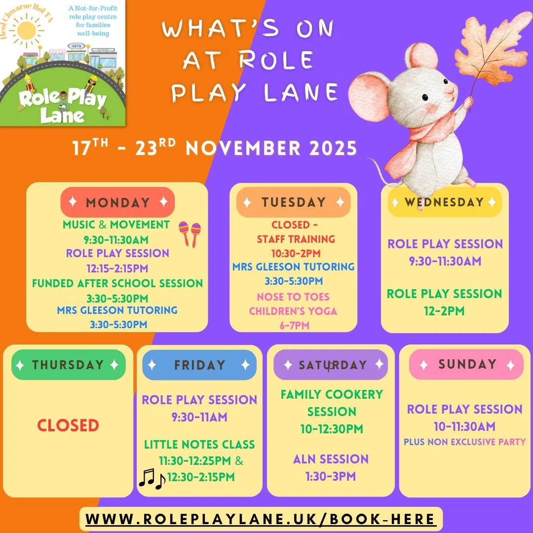 🍂What&rsquo;s on at Role Play Lane next week? 🍂

Join us for some of our Funded and Role Play Sessions!

📆Monday 17th November: 
🎵Music &amp; Movement Session 9:30-11:30am 
👩&zwj;⚕️Role Play Session 12:15-2:15pm
🐧After School Session (Funded) 3