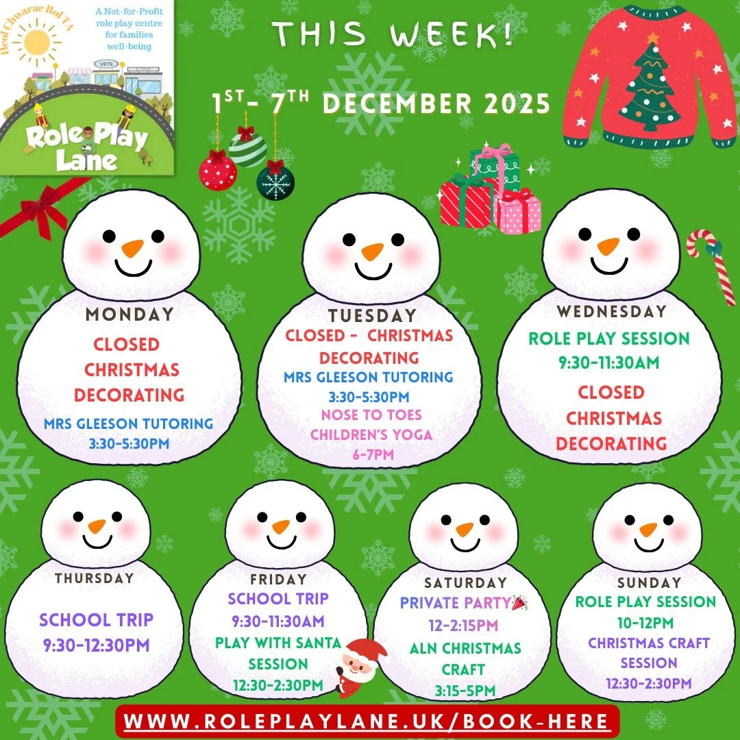 ❄️What&rsquo;s on at Role Play Lane this week? ❄️

Join us for some of our Funded Craft, Role Play &amp; Santa Sessions!

📆Monday 1st December: 
⛔CLOSED - Decorating for Christmas 🎄
👩&zwj;🏫Mrs Gleeson Tutoring 3:30-5:30pm

📆Tuesday 2nd December: