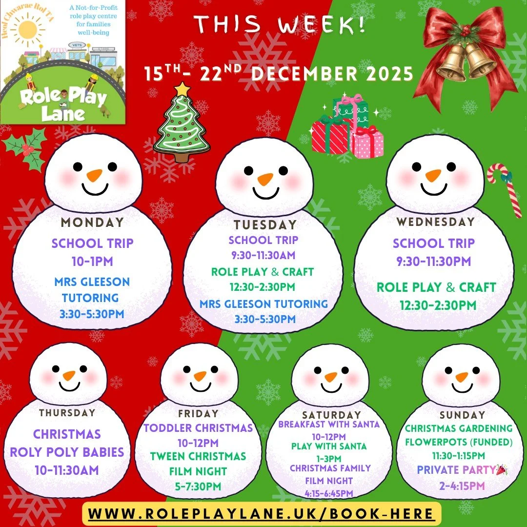 🎅Merrymaking Moments at Role Play Lane🎅

Join us for Crafting, Play, Babies, Toddler, Tween &amp; Family Movie Nights &amp; our final Breakfast with &amp; Play with Santa Sessions!

📆Monday 15th December: 
🎒School Trip 10am - 1pm
👩&zwj;🏫Mrs Gle