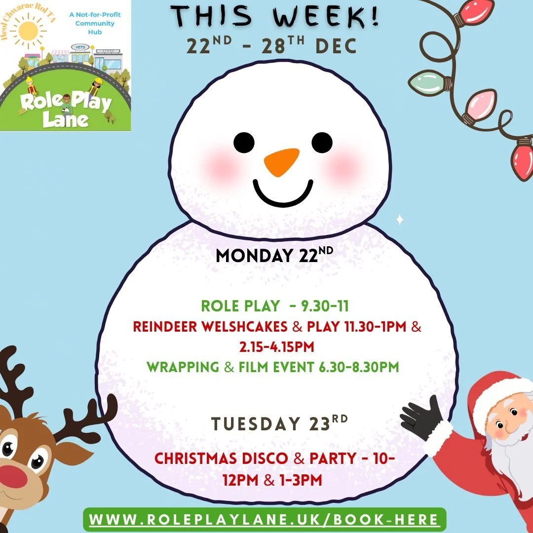 🎄Join us this week for our final Christmas sessions before we close for a few days for a well earned break! 

📆Monday 22nd: 
👩&zwj;⚕️Role play session 9.30-11am 
🦌Reindeer Welshcake making &amp; play (FULLY BOOKED  but play only  is available) 11