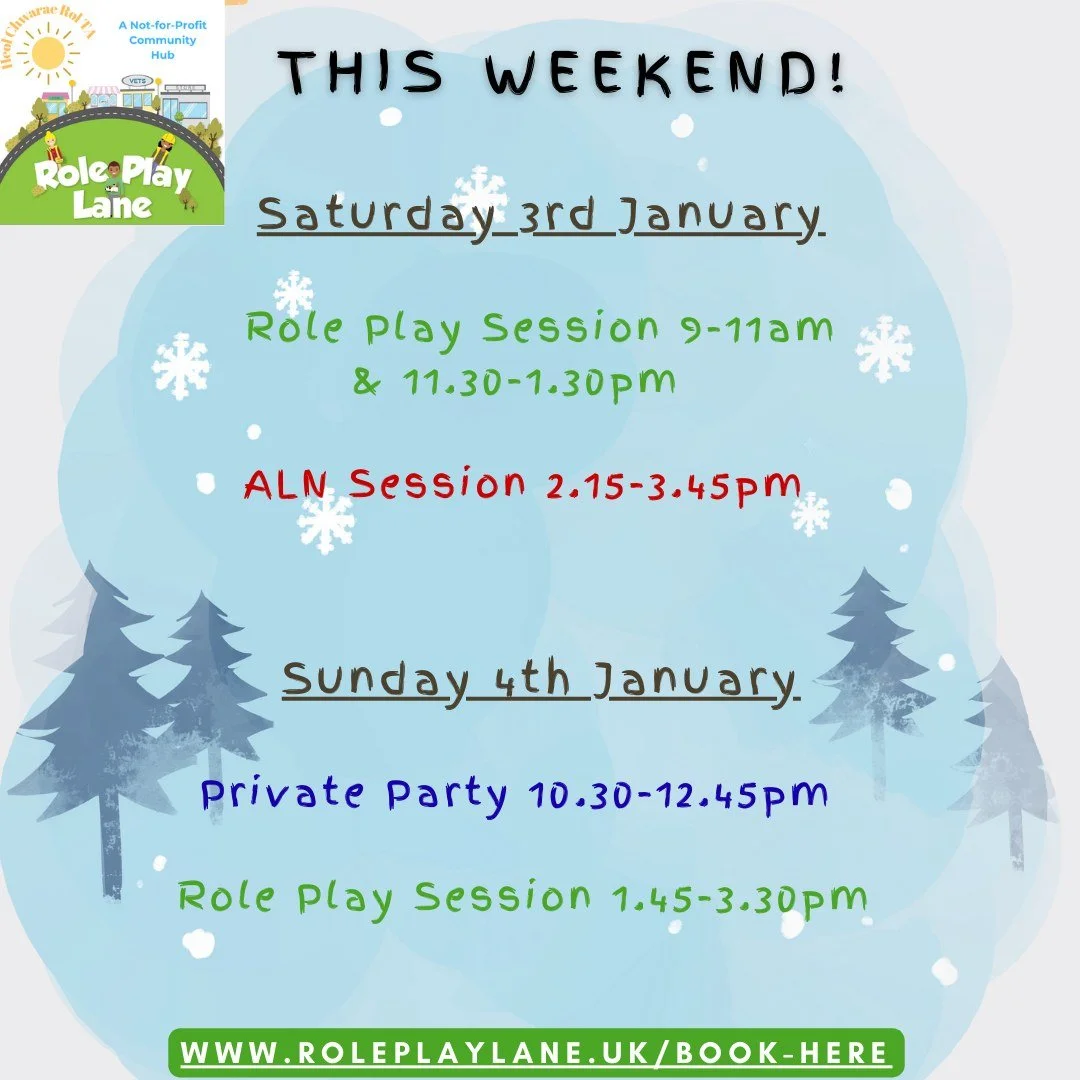 Join us this weekend! 

📆Saturday 3rd January
 
👩&zwj;🌾Role Play Session 9-11am &amp; 11.30-1.30pm 

🌟ALN Session 2.15-3.45pm

📆Sunday 4th January
 
🎉Private Party 10.30-12.45pm 

👩&zwj;🌾Role Play Session 1.45-3.30pm 

🔅Remember we are also 