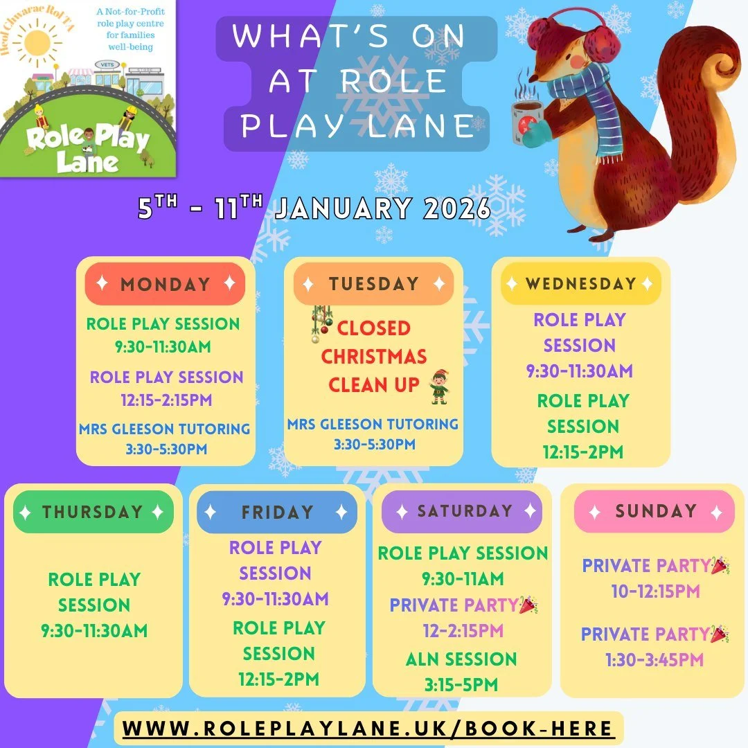 Join us for some fun at our Role Play Sessions this week! 

📆Monday 5th January: 
👷&zwj;♂️Role play sessions - 9:30-11:30am &amp; 12:15-2:15pm 
🔆Warm Hub - 9:30-2:15pm 
👩&zwj;🏫Mrs Gleeson Tutoring - 3:30-5:30pm

📆Tuesday 6th January: 
⛔CLOSED -