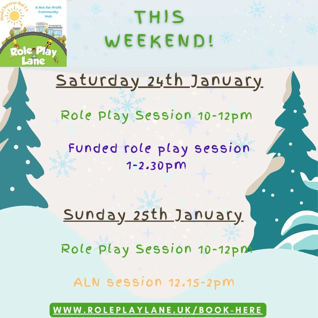 ✨ This Weekend at Role Play Lane ✨

Saturday 24th January: 
🟢 Role Play Session | 10:00&ndash;12:00
💜 Funded Community Engagement Session | 1:00&ndash;2:30

Join us for a relaxed, informal session for parents, carers and families to share ideas, ex