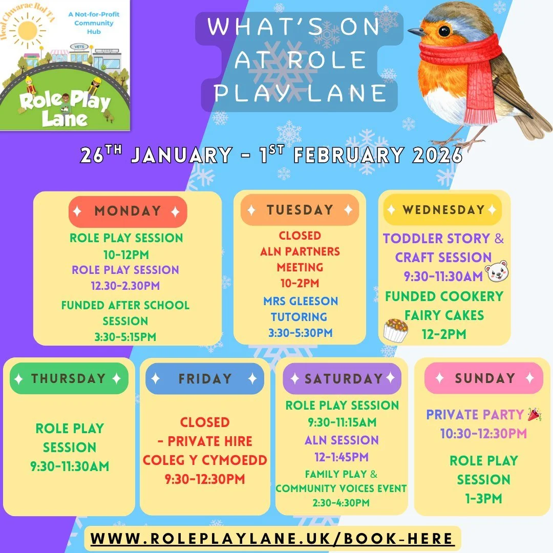 👀 Stop scrolling&hellip; next week at Role Play Lane is packed! 🎉

Role play, toddler story &amp; craft, cookery, ALN sessions, tutoring, community events and our Warm Hub all in one week 🥰
Whether you want to play, learn, relax, connect or have y