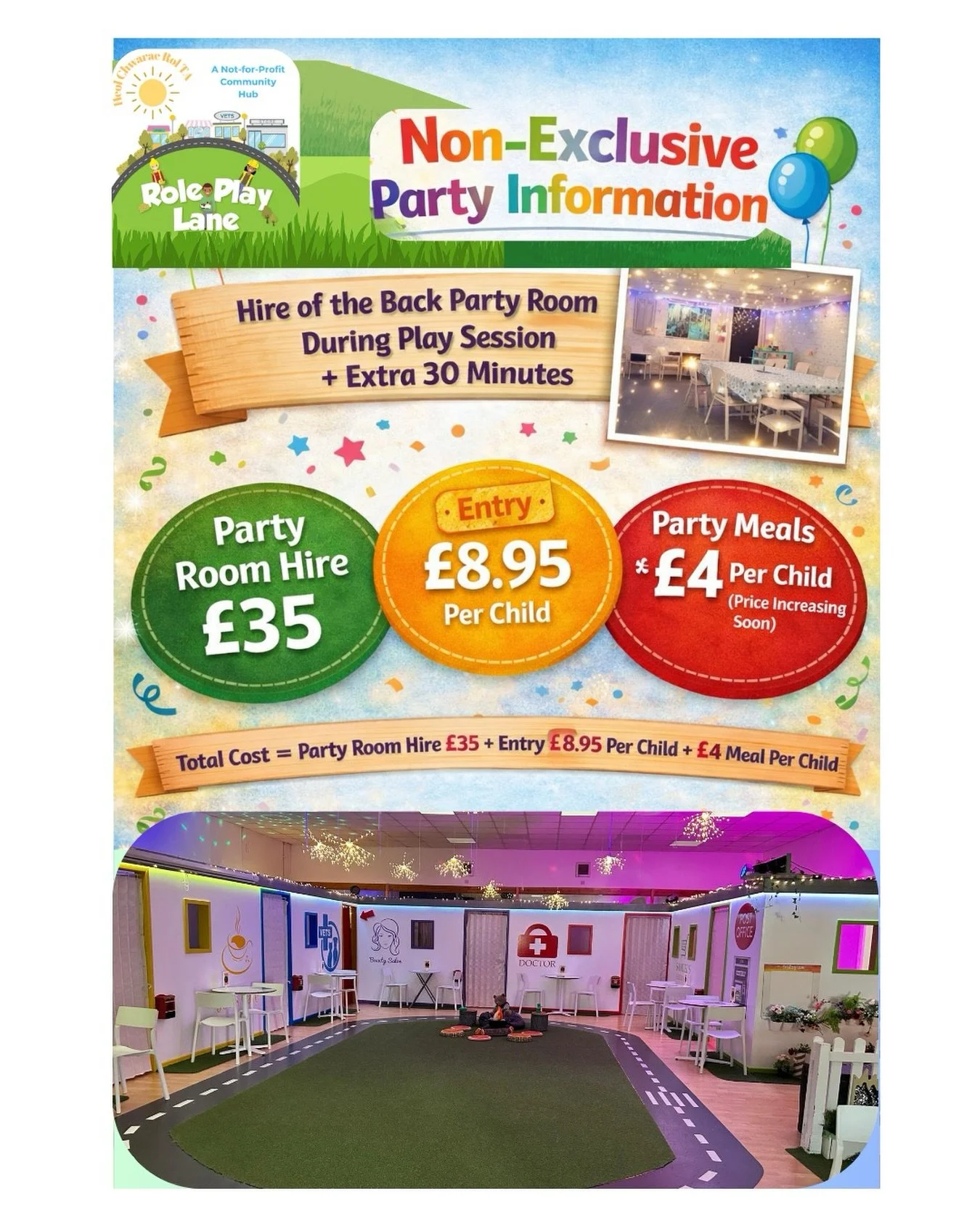 Looking for a smaller party for up to 10 children?! 🎉 

We&rsquo;ve got you! 

Details: 

✅ Back room hire - &pound;35 
✅ Entry per child - &pound;8.95
✅ Party meal deals - &pound;4 

📧 Email: visitsatroleplaylane@gmail.com to book yours! 

#rolepl